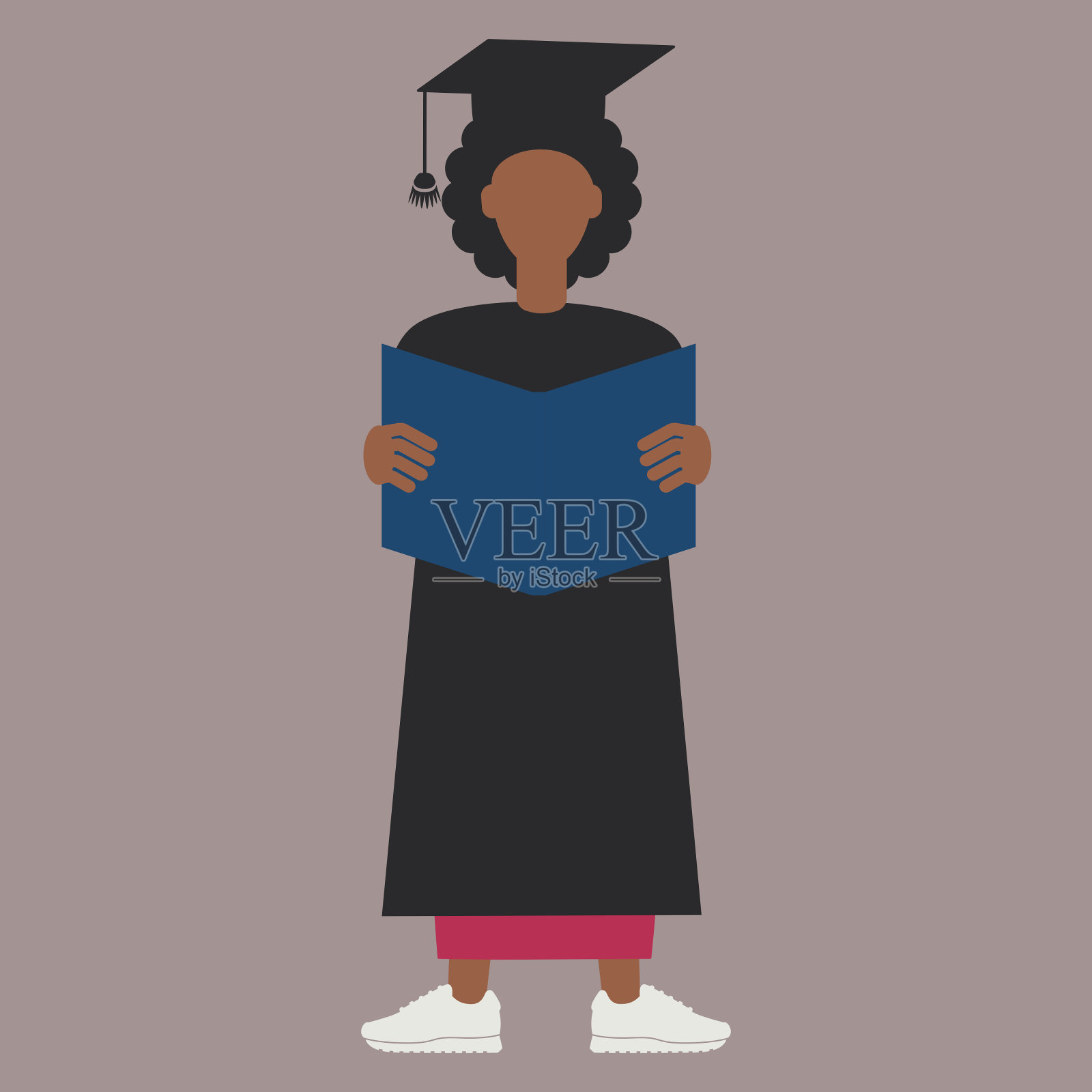 非裔美国女毕业生，穿着学术服装，手里拿着文凭插画图片素材