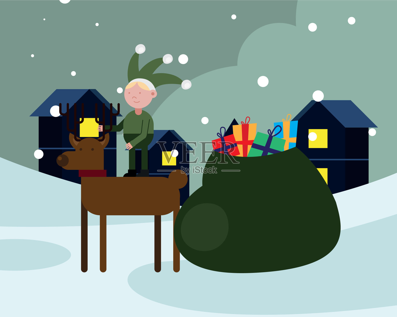 精灵在驯鹿和圣诞老人的礼物袋里过圣诞节插画图片素材