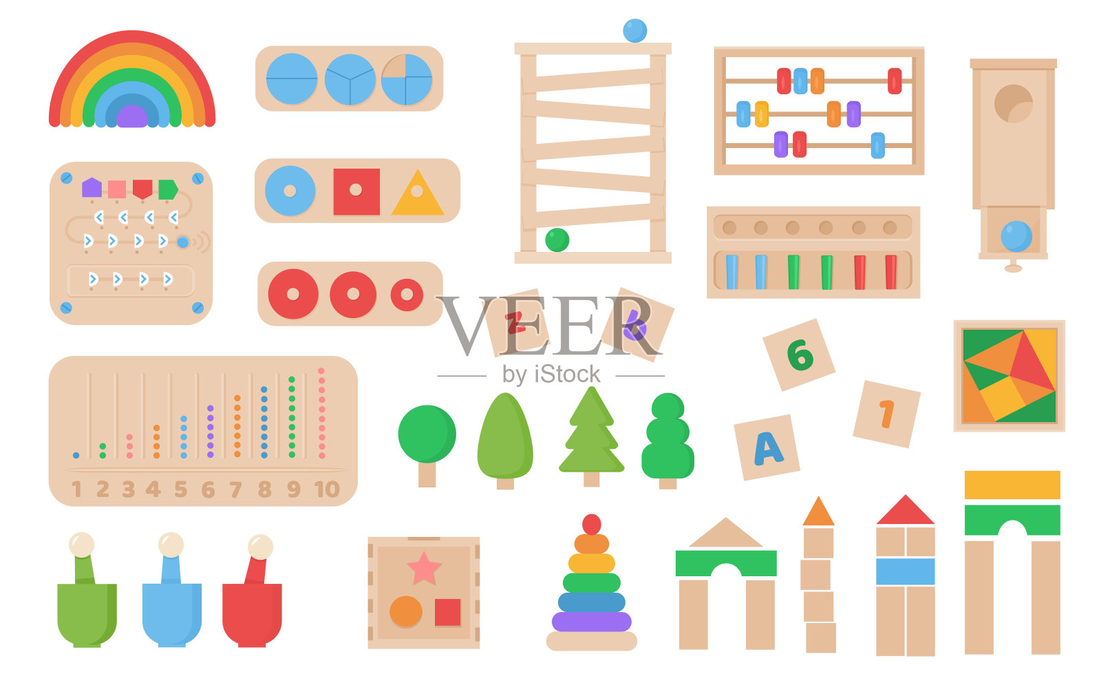 蒙台梭利对策向量集。儿童木制环保逻辑玩具，适合学龄前儿童。婴儿发展的玩具。为娱乐和教育游戏的各种元素的集合。插画图片素材