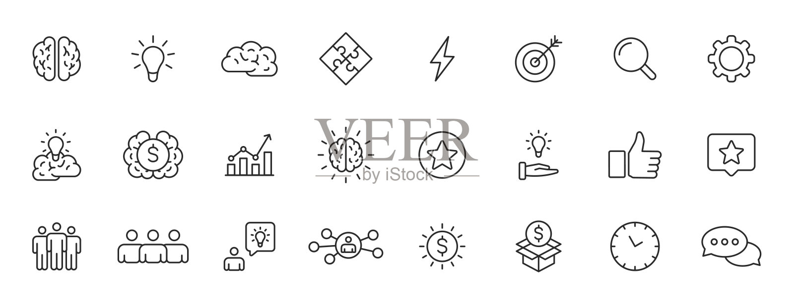 一套24创意和想法的网页图标在线条风格。创造力，寻找解决方案，头脑风暴，创造性思维，大脑。矢量插图。插画图片素材