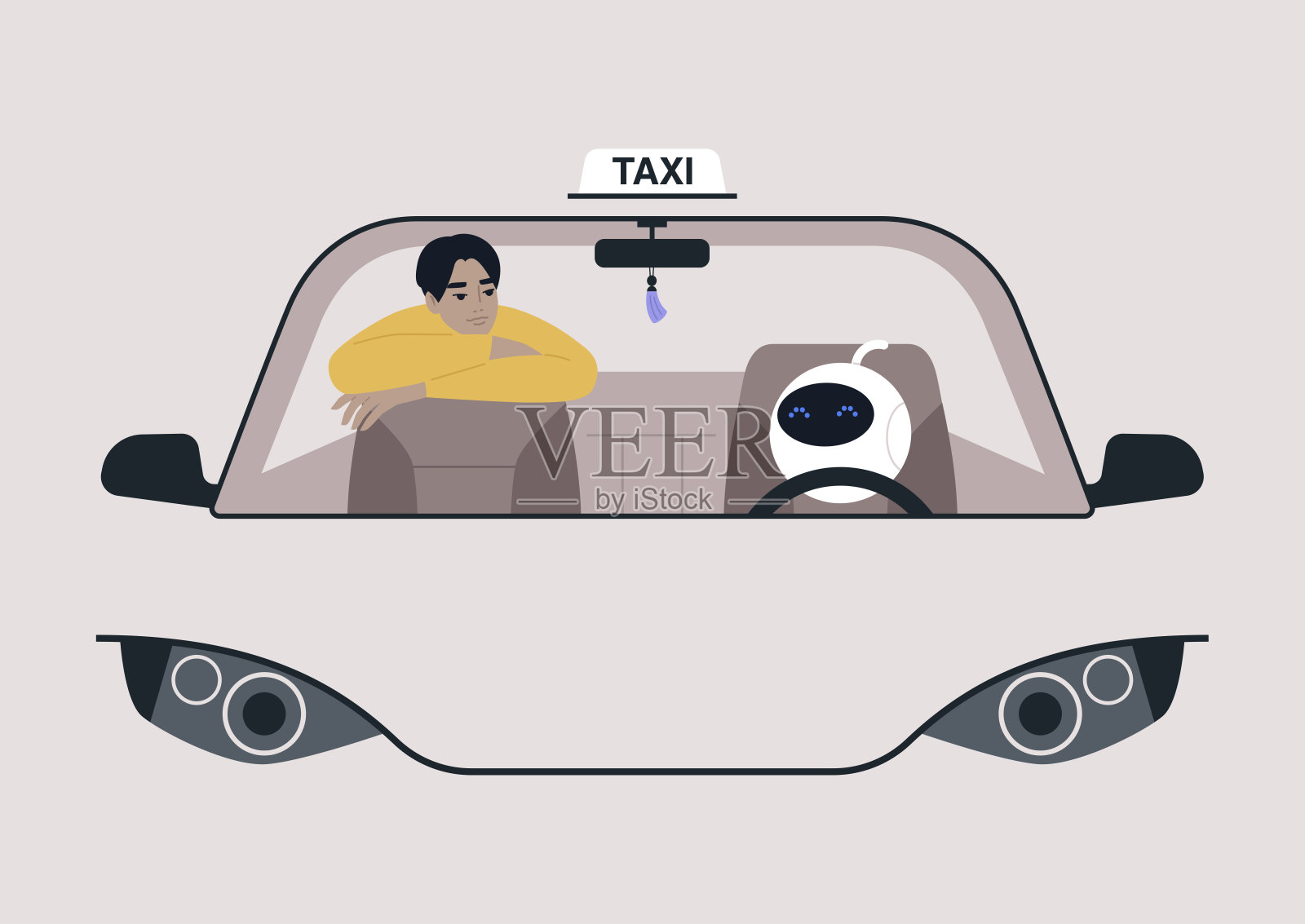 自动驾驶汽车概念，一个可爱的未来派机器人驾驶一辆汽车，后座上坐着一名年轻的亚洲男性乘客插画图片素材