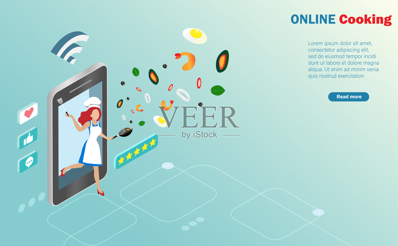 在线烹饪直播。一个女人在智能手机屏幕上用食物配料和社交网络连接图标烹饪。为博客，社会影响者或烹饪学校的教育学习。插画图片素材