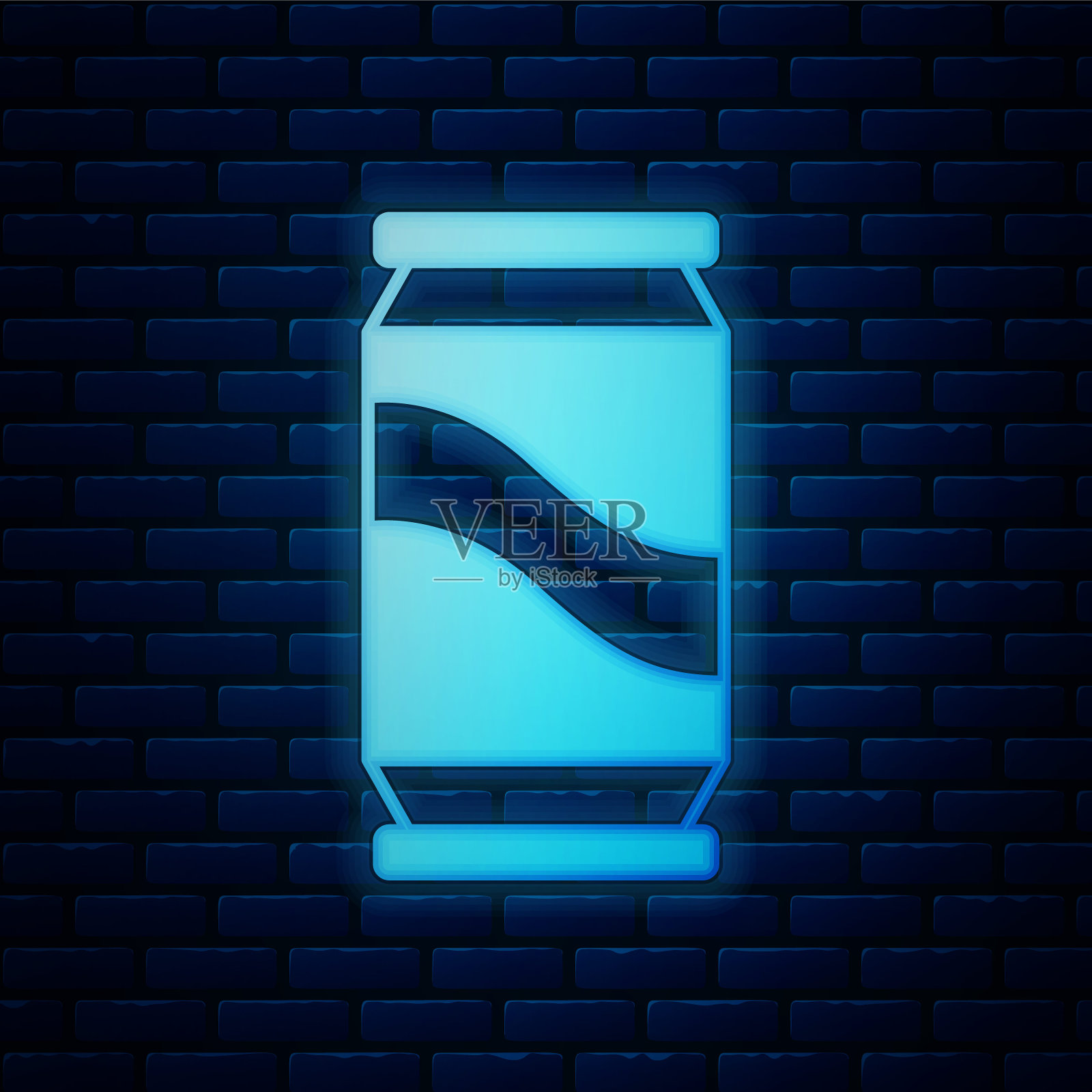 发光的霓虹灯啤酒罐图标孤立在砖墙背景。向量插画图片素材