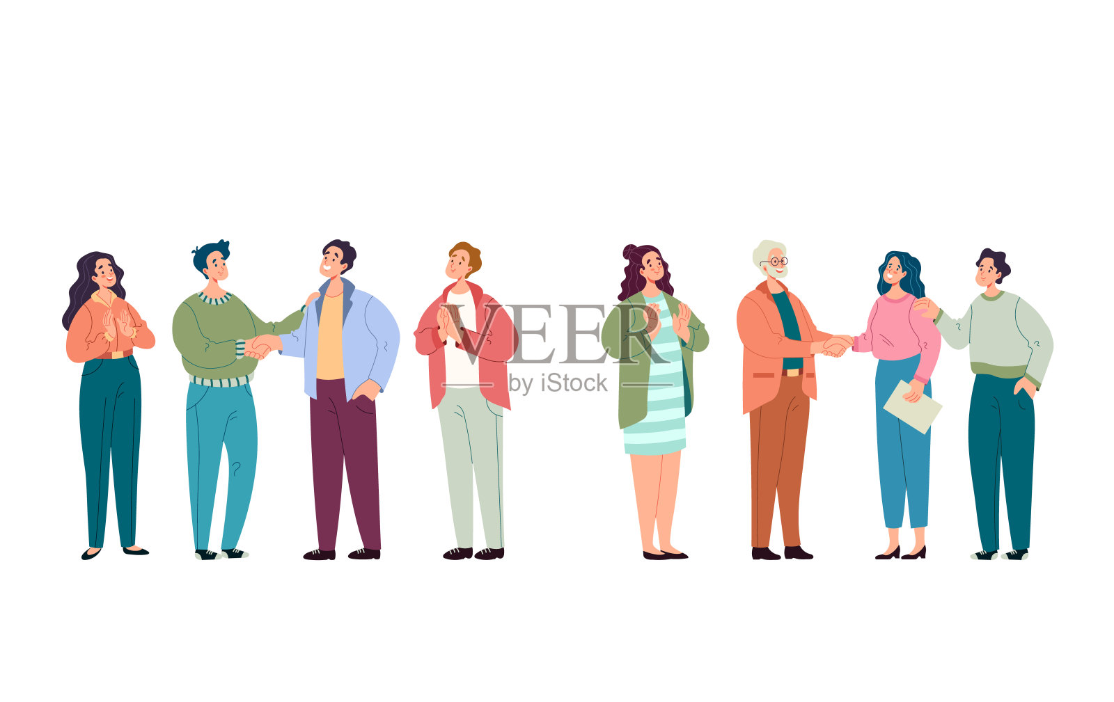 业务男女团队同事恭喜同事。事业上升发展成功理念。矢量平面图形设计说明插画图片素材