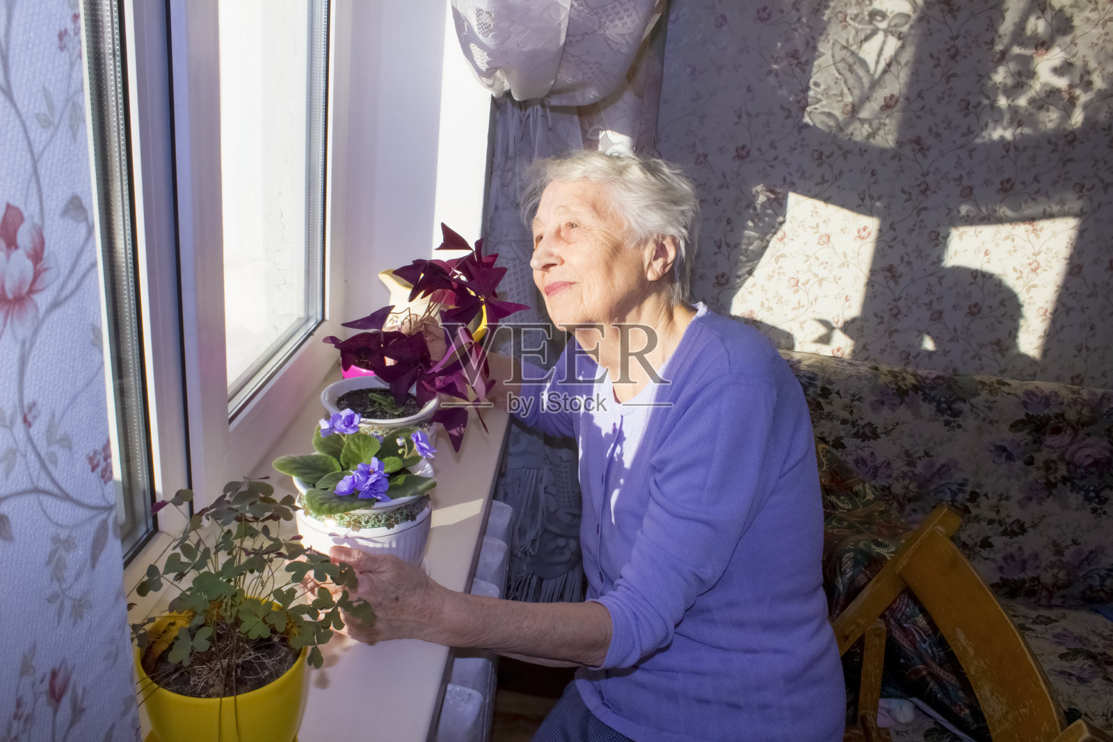 一个孤独的老妇人坐在他房子的窗户旁。照片摄影图片