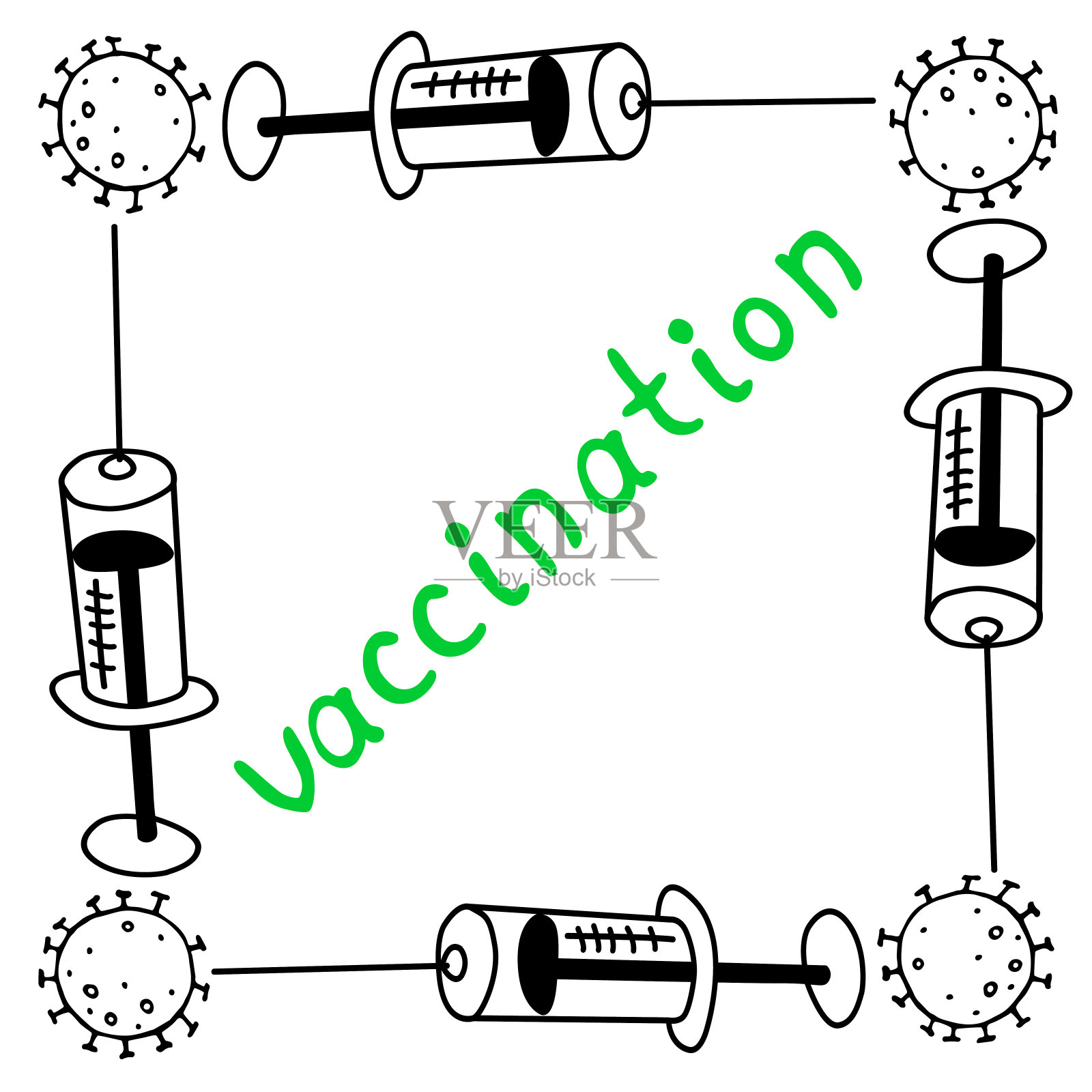 矢量方框和字母接种。轮廓分子，冠状病毒细胞和疫苗注射器。边框，装饰，标题，背景为医疗设计涂鸦风格插画图片素材