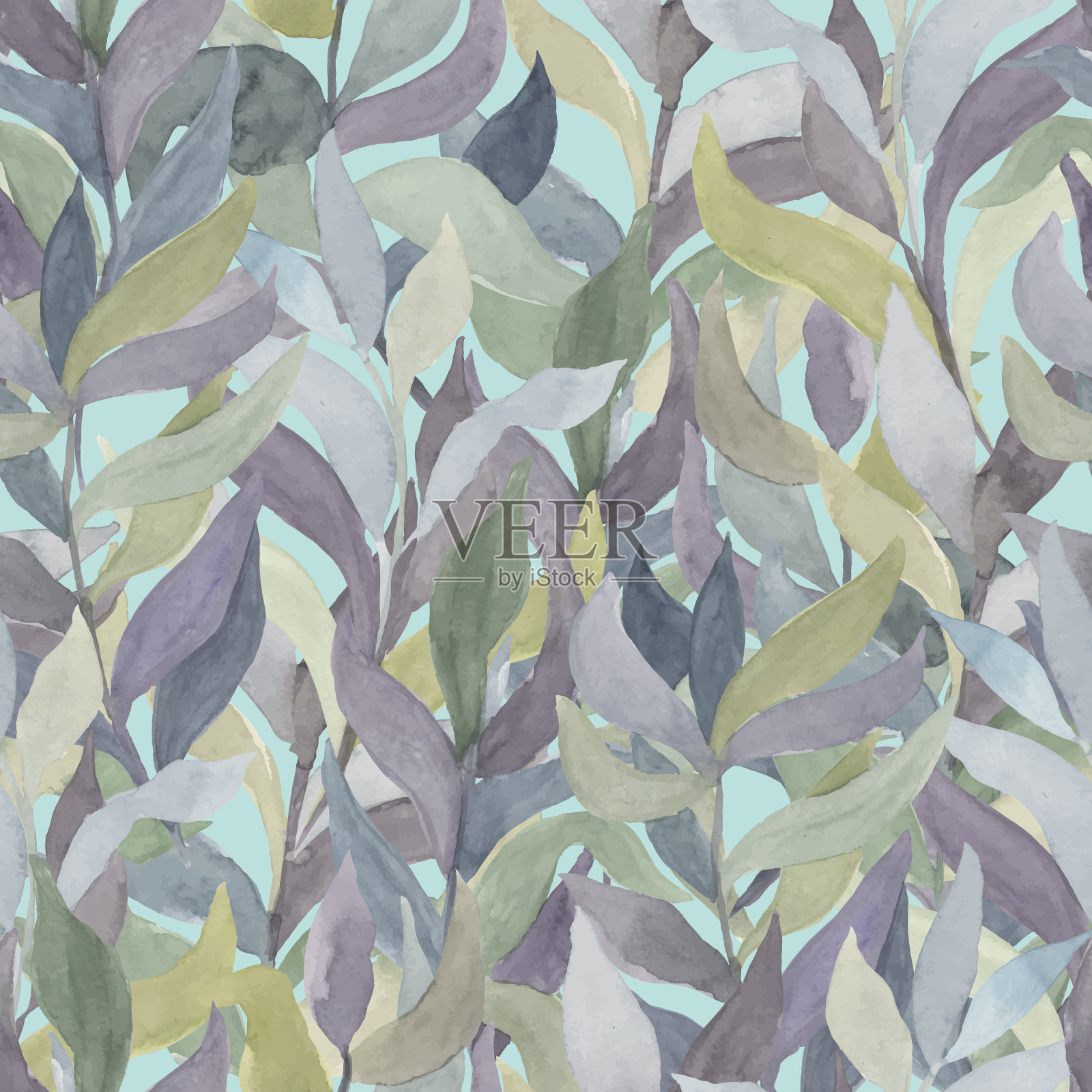 水彩嫩枝与不同颜色的叶子在彩色背景矢量无缝模式。植物的活墙，攀缘的树叶和树枝的篱笆插画图片素材