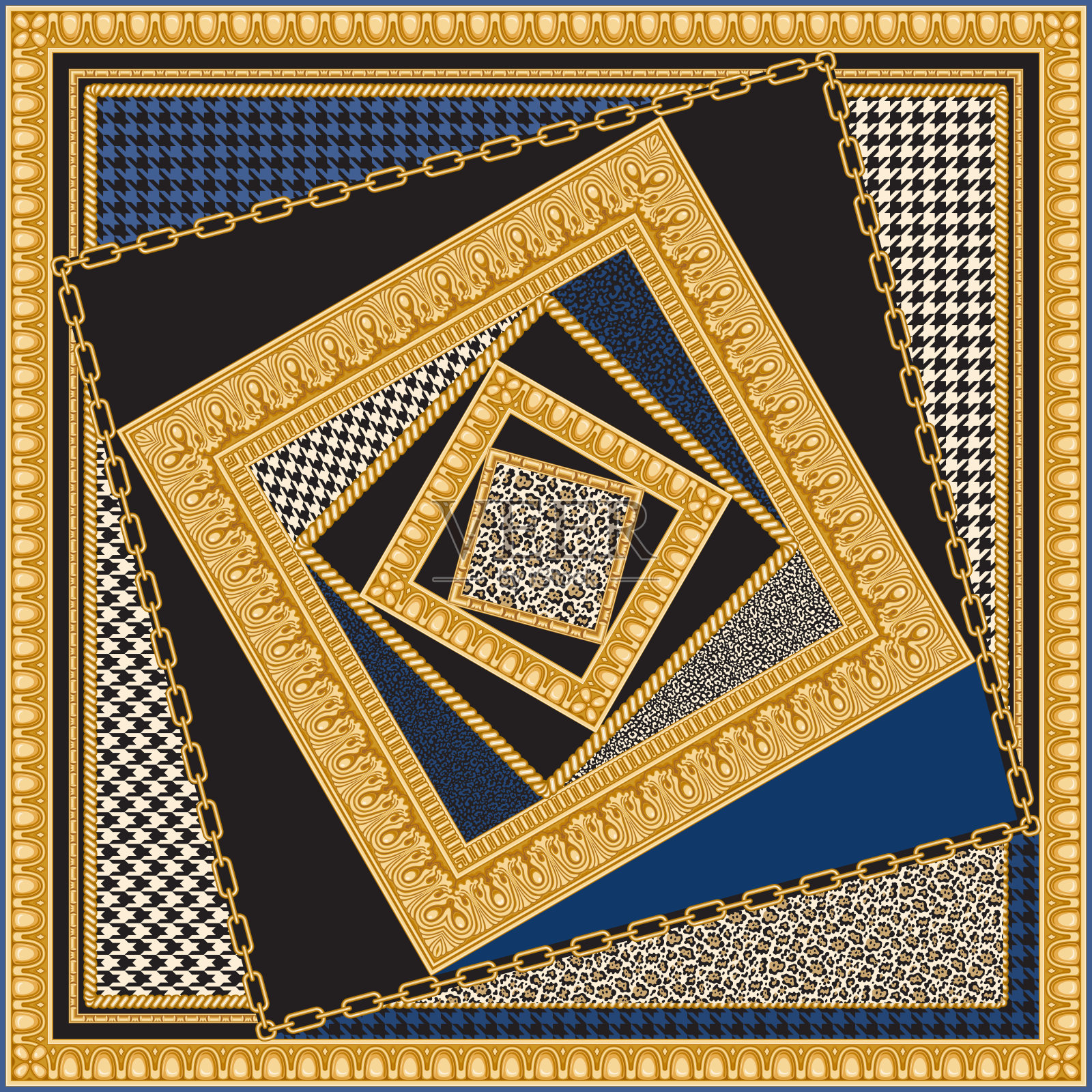 印花手帕上黑色和深蓝色鸡爪派-de-poule图案背景，金线，雕刻框架，希腊叶饰带。围巾，围巾，地毯，地毯，垫子插画图片素材