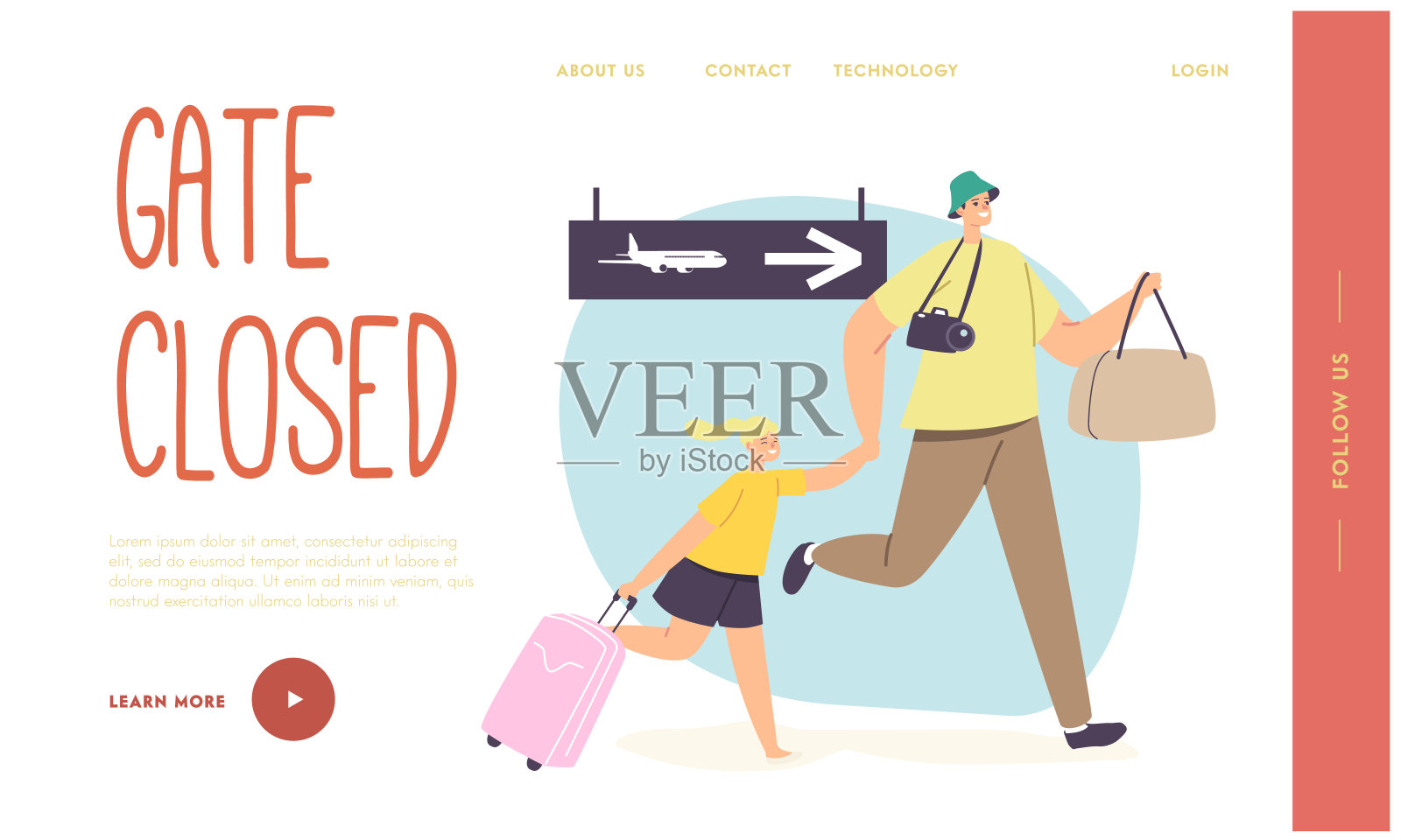 带着孩子的父亲登机迟到了。忧心忡忡的男人和女孩带着行李奔向紧闭的大门插画图片素材