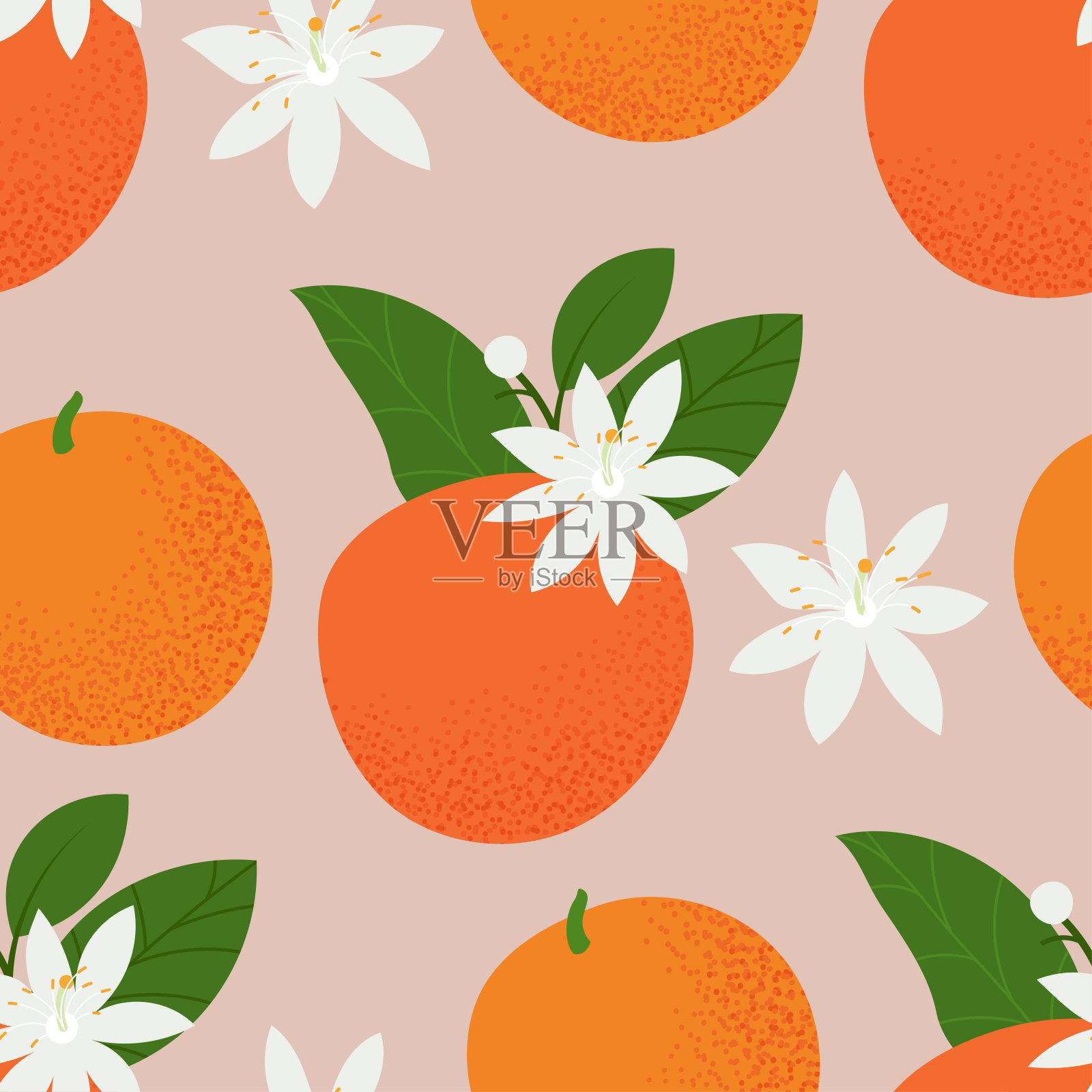 橙子、叶子和花的无缝图案。夏季热带背景。矢量插图，花卉设计设计元素图片
