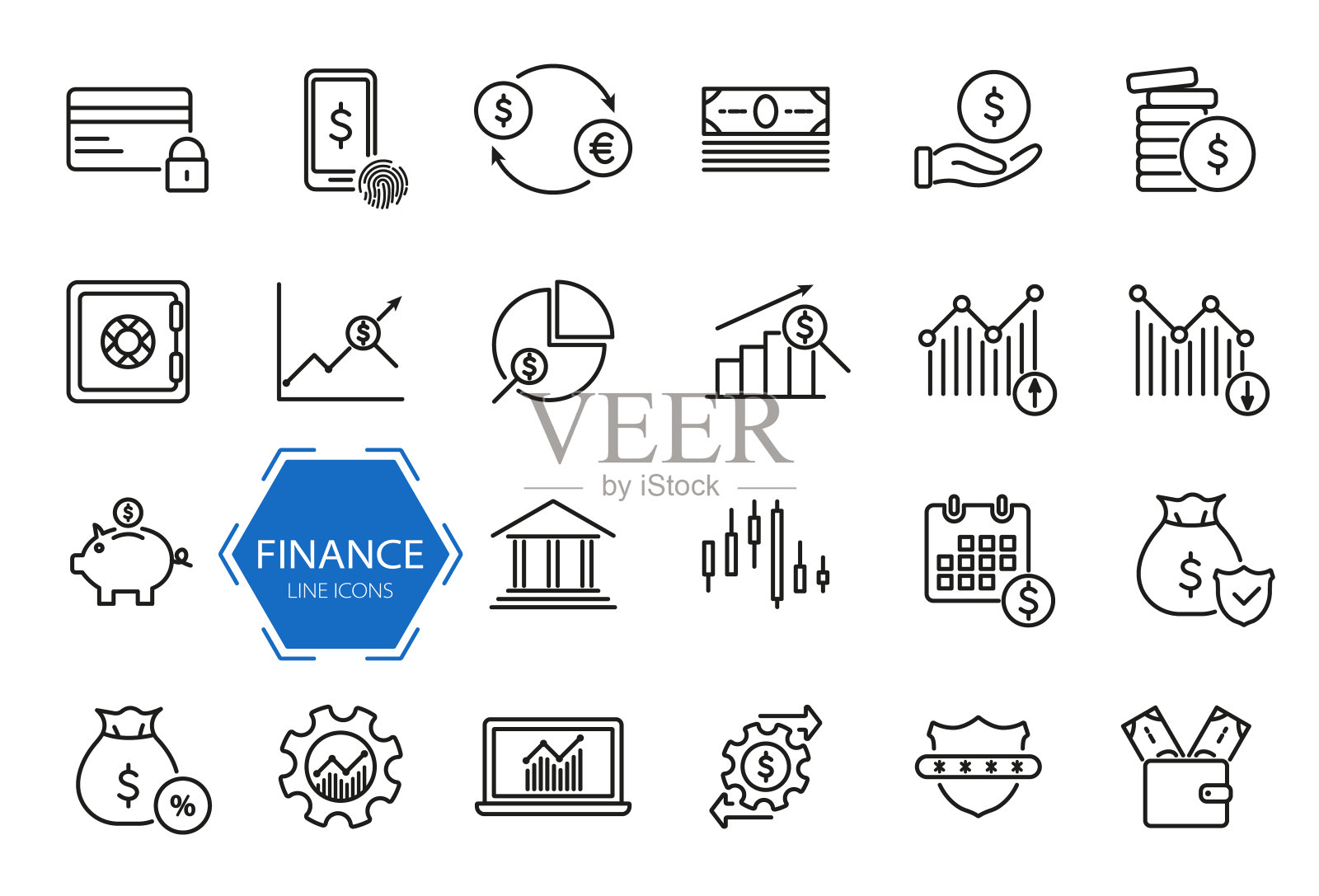 一组金融图标。金钱，金融，支付线图标。财务和分析相关。投资、商业和银行行象形图集。可编辑的中风。矢量图图标素材