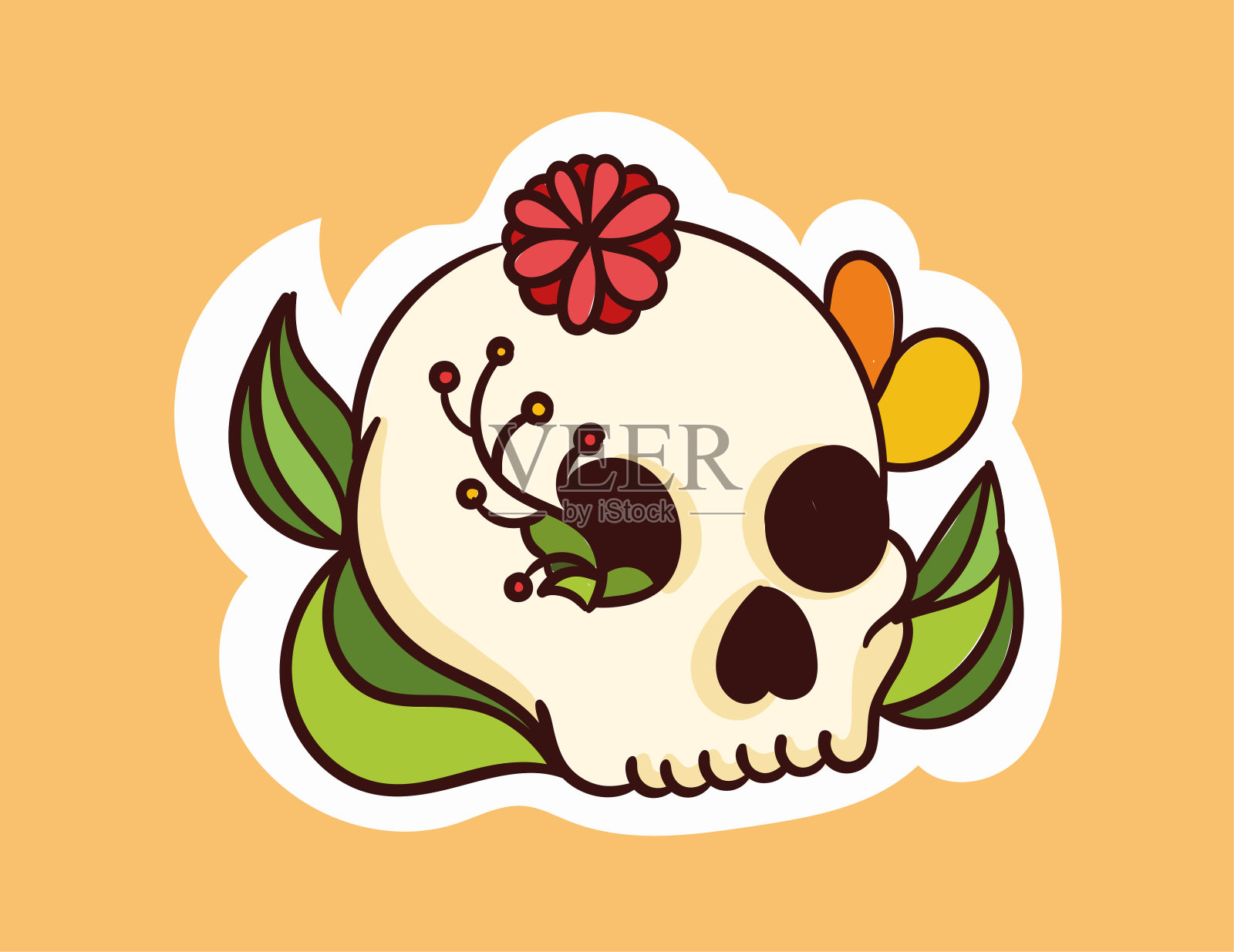 彩色的骷髅贴纸，上面有花从头上冒出来插画图片素材