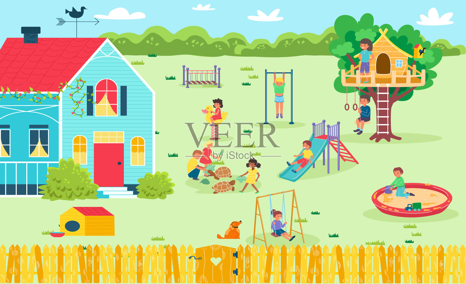 有趣的操场在后院快乐的女孩男孩户外插画图片素材