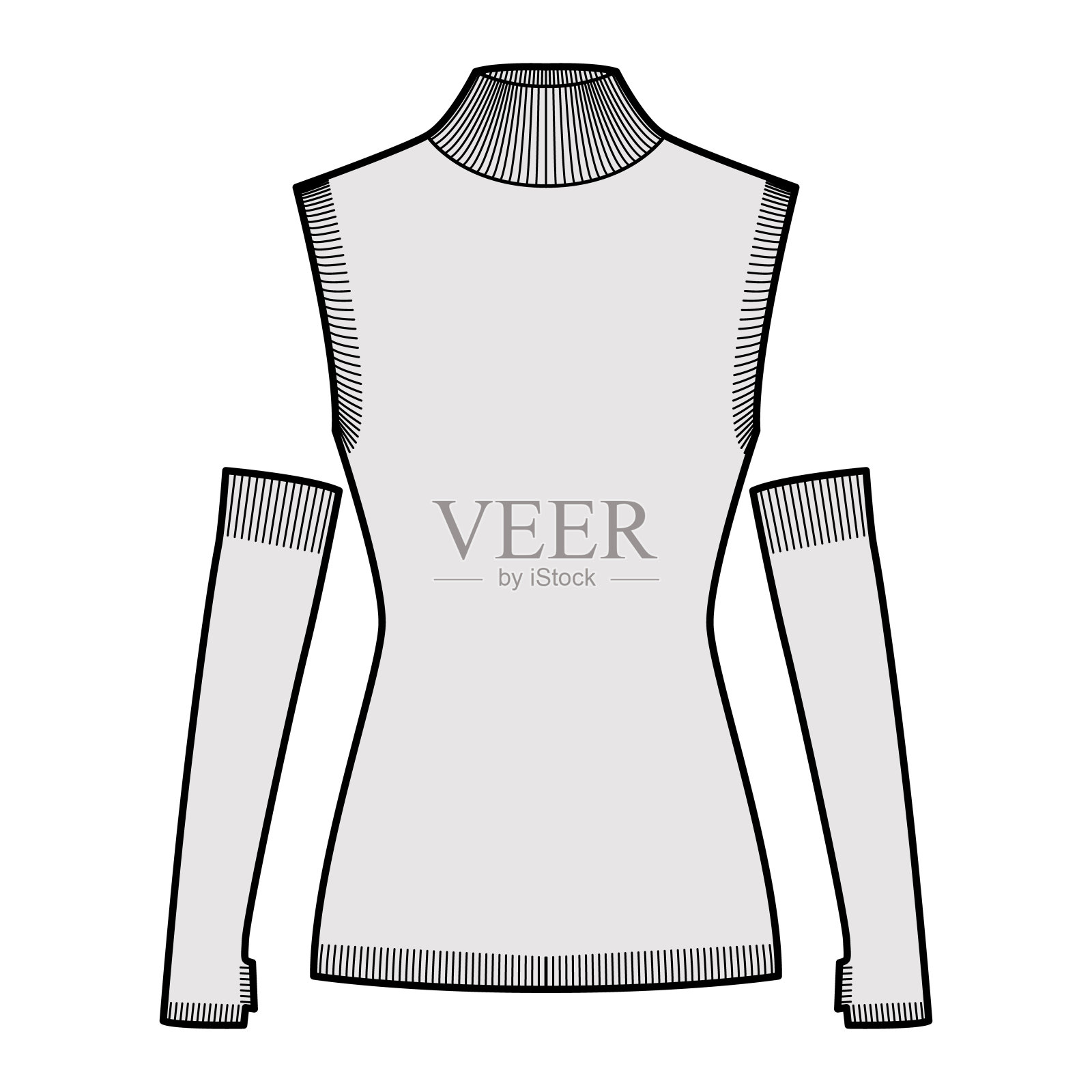 无袖毛衣技术时尚插图与手套，罗纹高领，合身的身体，臀部长度，针织修剪插画图片素材