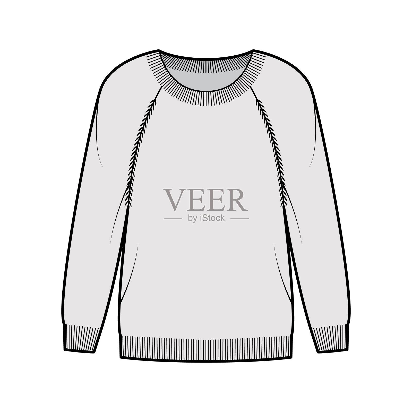 毛衣技术时尚插图，圆领，长插肩袖，一般适合，指尖长度，罗纹装饰插画图片素材