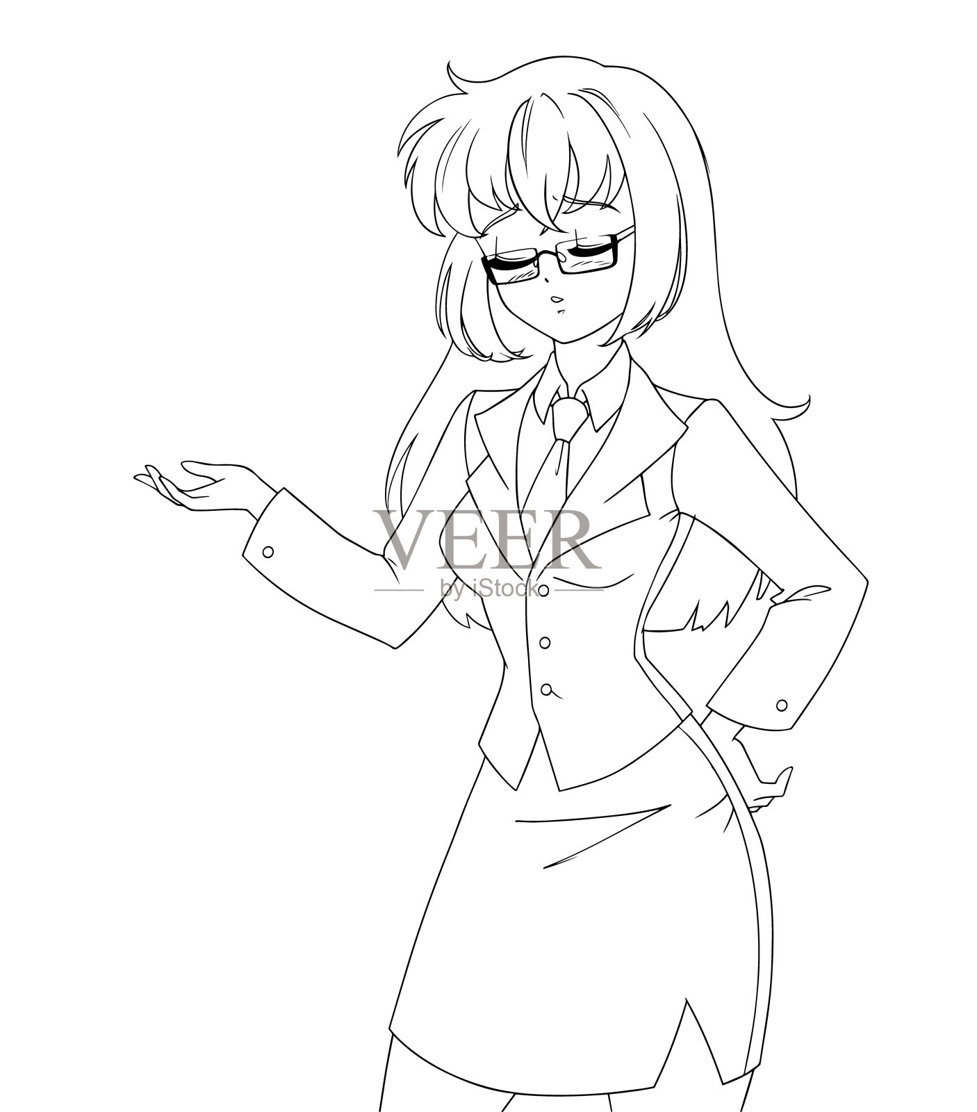 可爱的动漫女孩穿着办公套装，孤立在白色背景上。插画图片素材