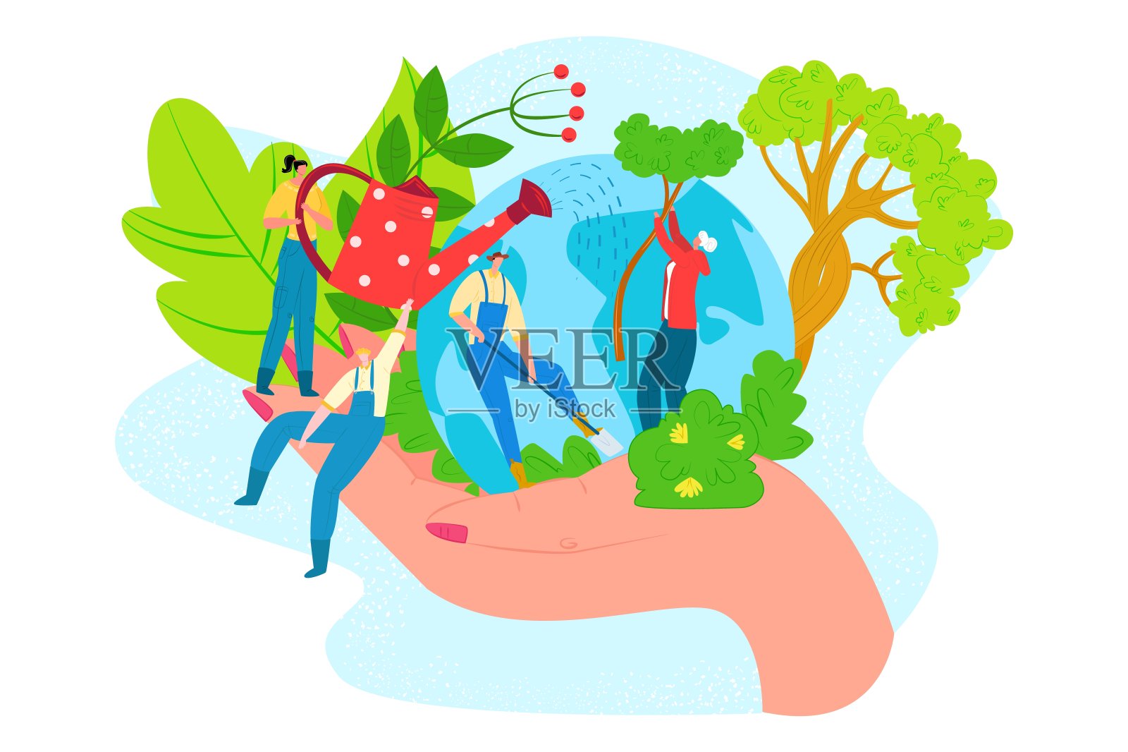 拯救世界生态，地球环境矢量插画概念。人们在绿色星球上男女性格，关心自然。插画图片素材