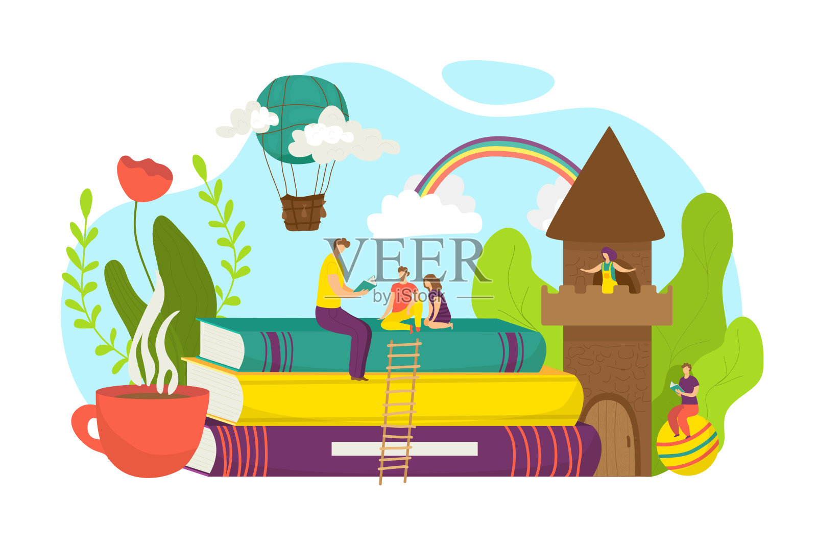 父亲为卡通儿童读书，矢量插图。幸福的家庭，爸爸男人的性格给孩子们讲童话，可爱的童年概念。插画图片素材