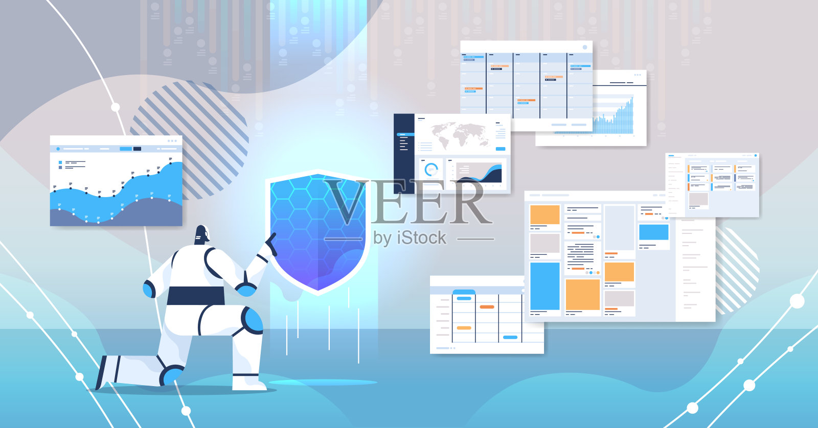 机器人抱盾网数据安全技术保护人工智能概念插画图片素材