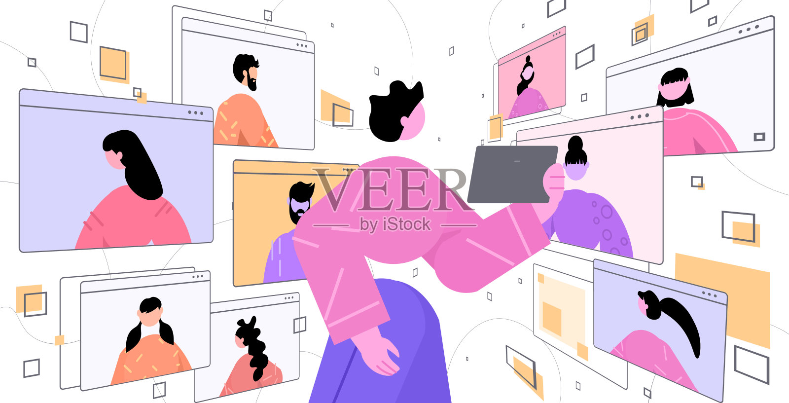 女人用平板电脑和朋友聊天视频通话虚拟会议在线交流自我隔离插画图片素材