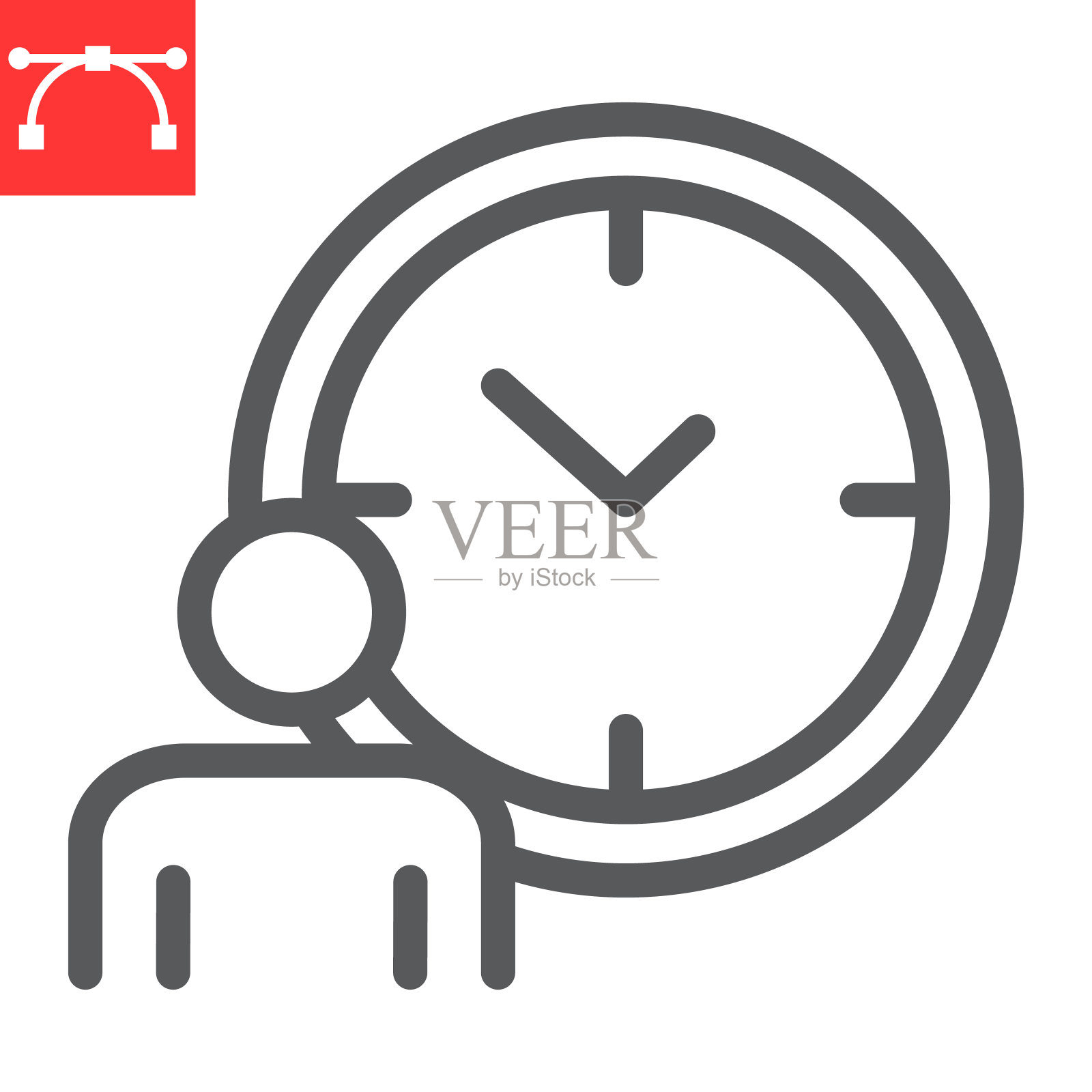 时间管理线图标，人与时钟和期限，工作时间矢量图标，矢量图形，可编辑的笔画轮廓符号，eps 10。插画图片素材