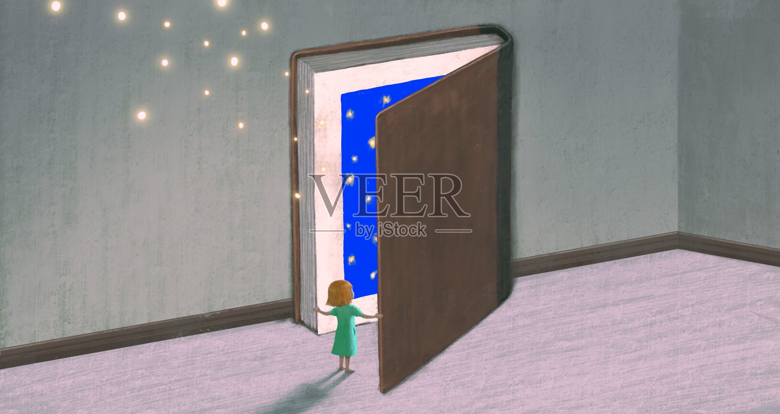 书带着女孩的想象，教育梦想，希望灵感和自由的理念插画图片素材