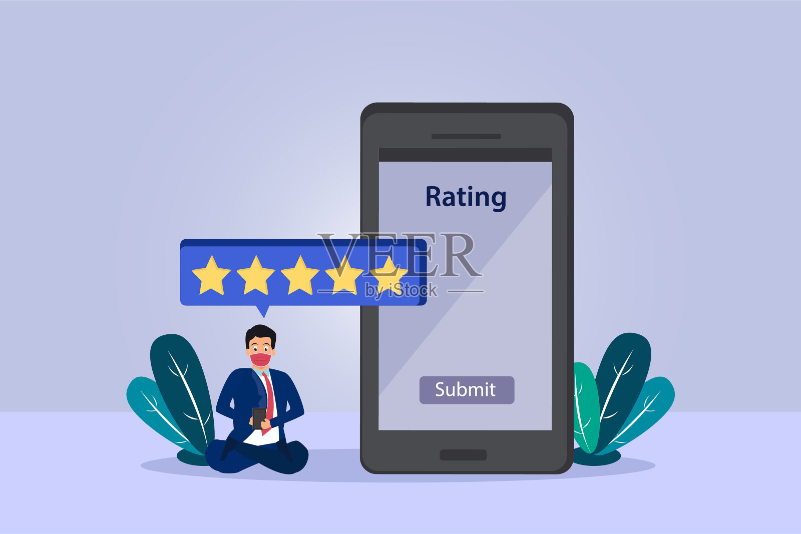 在虚拟屏幕智能手机上给五星的男人插画图片素材