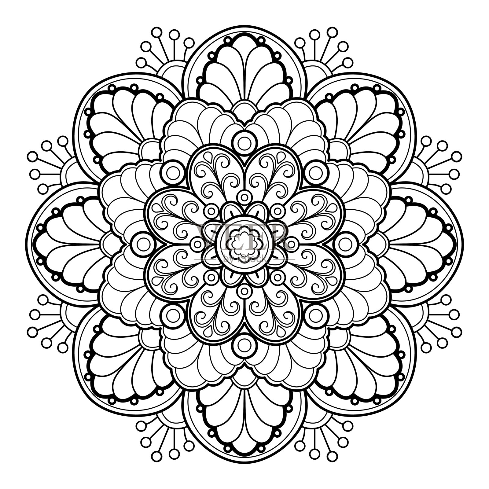 艺术墙纸设计，瓷砖图案，贺卡，贴纸，花边和纹身。室内装饰设计。矢量民族东方圈点缀。白色背景插画图片素材