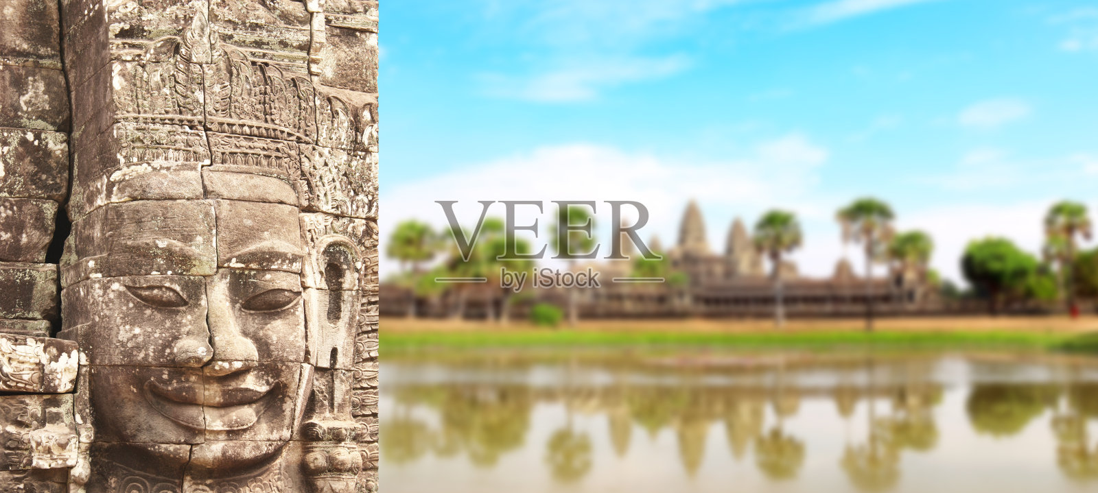 柬埔寨吴哥窟，巴戎寺的巨大石雕人像照片摄影图片