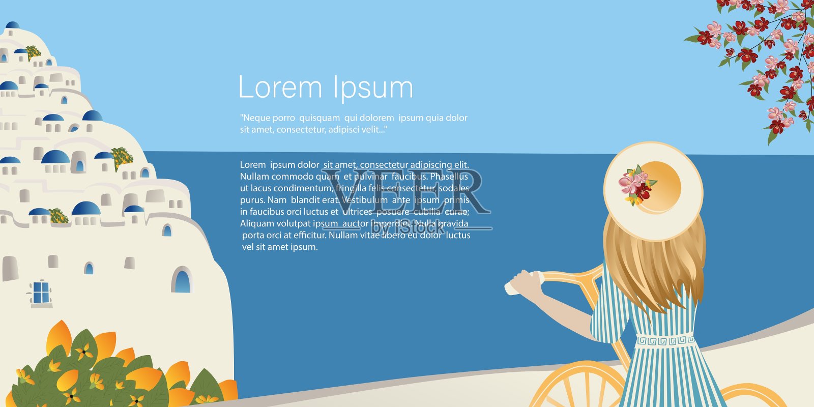 旅行的概念。女游客在海岸古镇抽象的地方，村庄在圣托里尼，西班牙，希腊和意大利。横幅，一个带有文本的网站模板。旅行矢量插图和设计设计模板素材