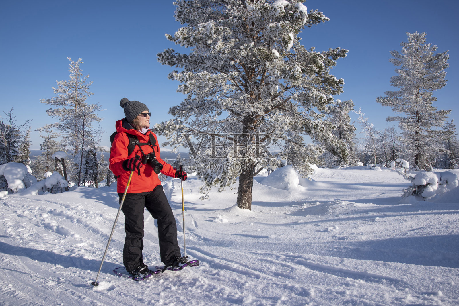 在芬兰的雪林里穿雪鞋的女人照片摄影图片