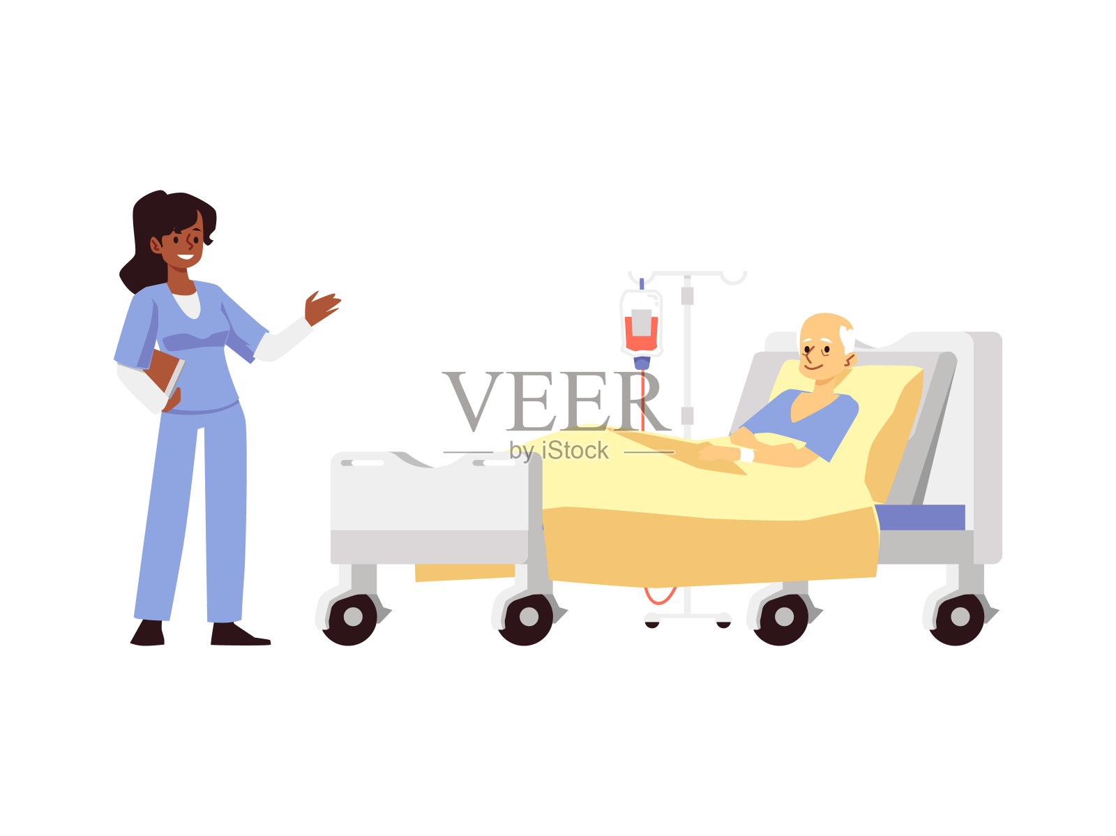 医生和老年病人在病房，平面矢量插图孤立。插画图片素材