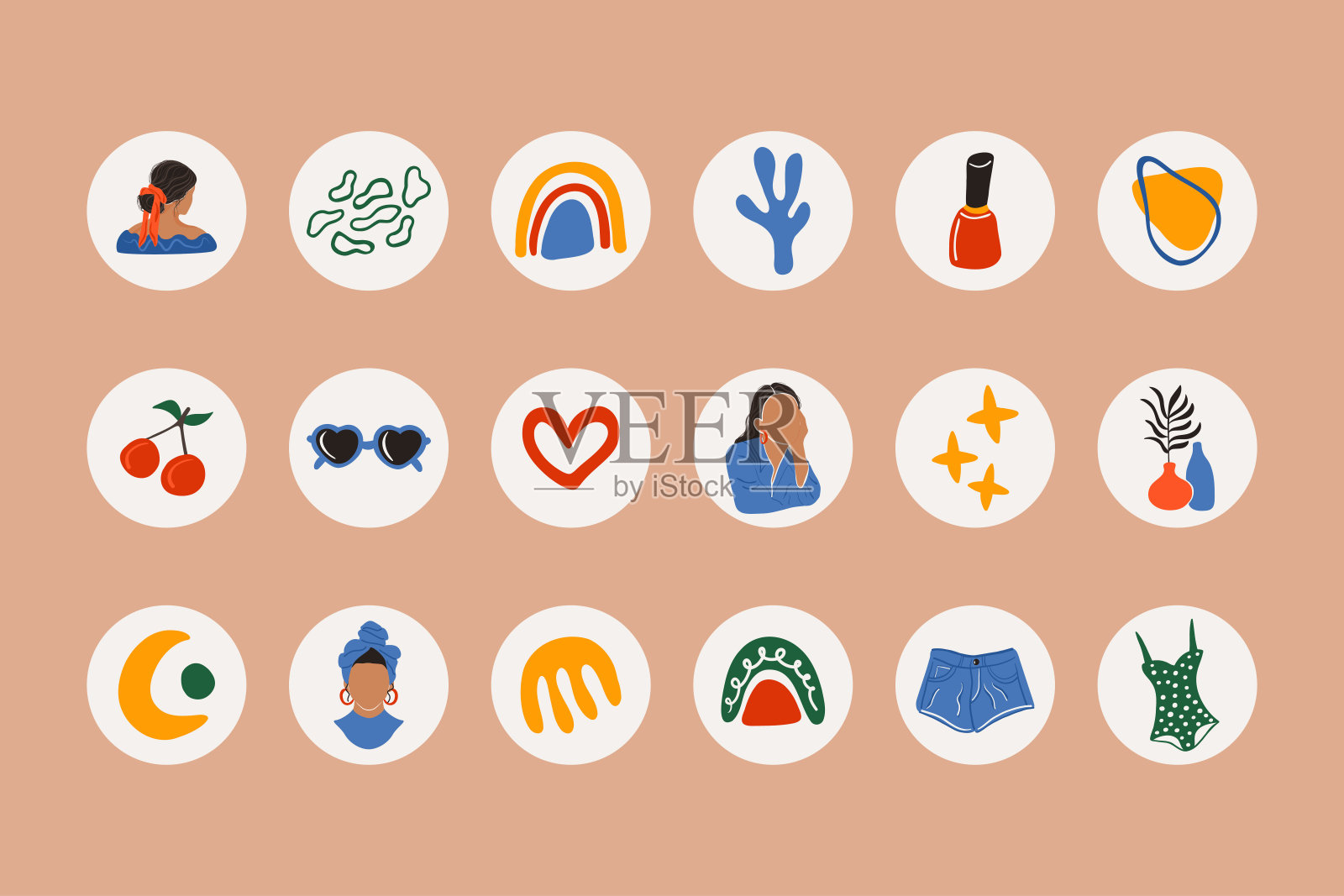 时尚社交媒体聚焦封面。一套波西米亚风格的涂鸦图片，时尚的女性美丽元素。矢量艺术插画图片素材