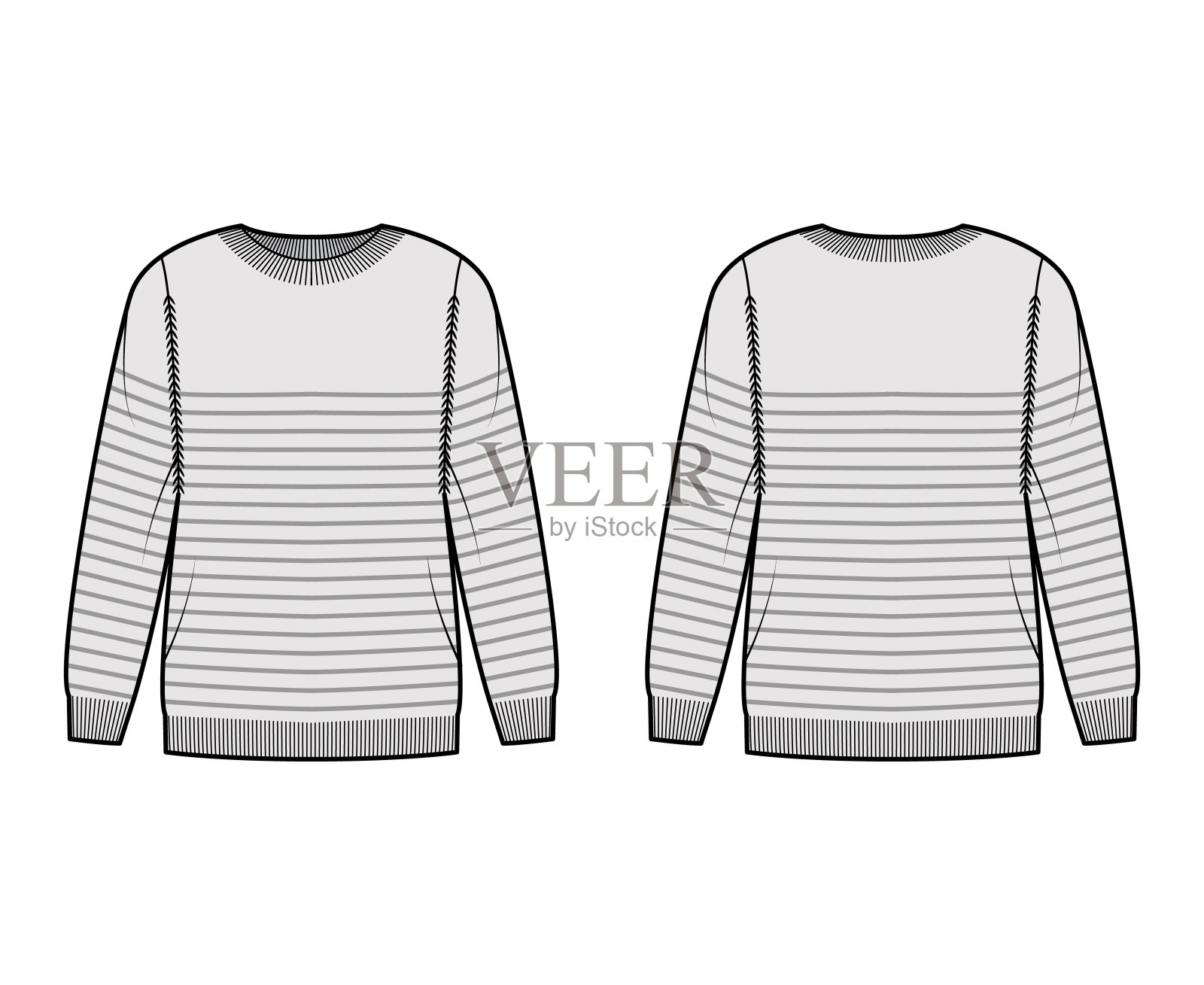 水手毛衣条纹套头衫技术时尚插图与罗纹圆领，长袖，臀部长度，针织袖口插画图片素材
