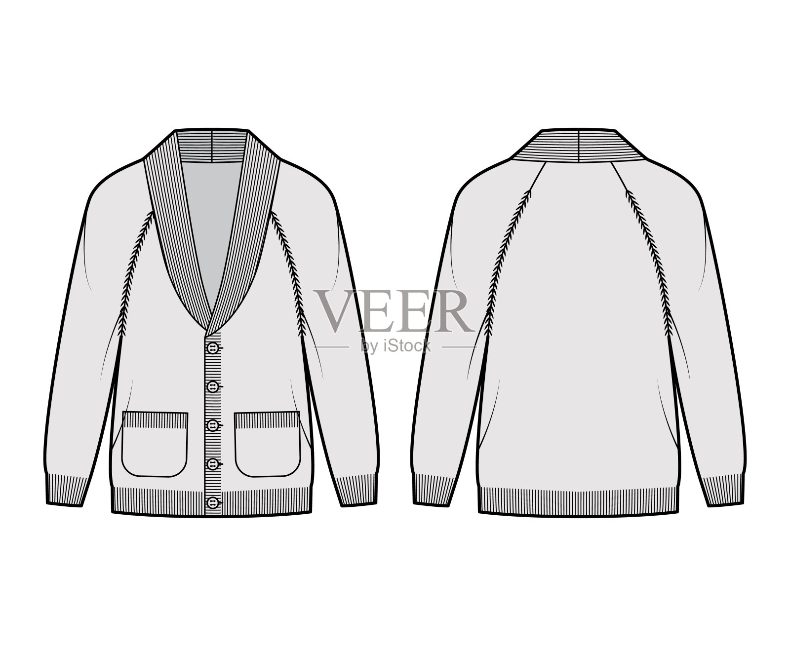 开襟羊毛衫披肩领毛衣技术时尚插图与raglan袖子，臀部长度，肋装饰，纽扣关闭插画图片素材