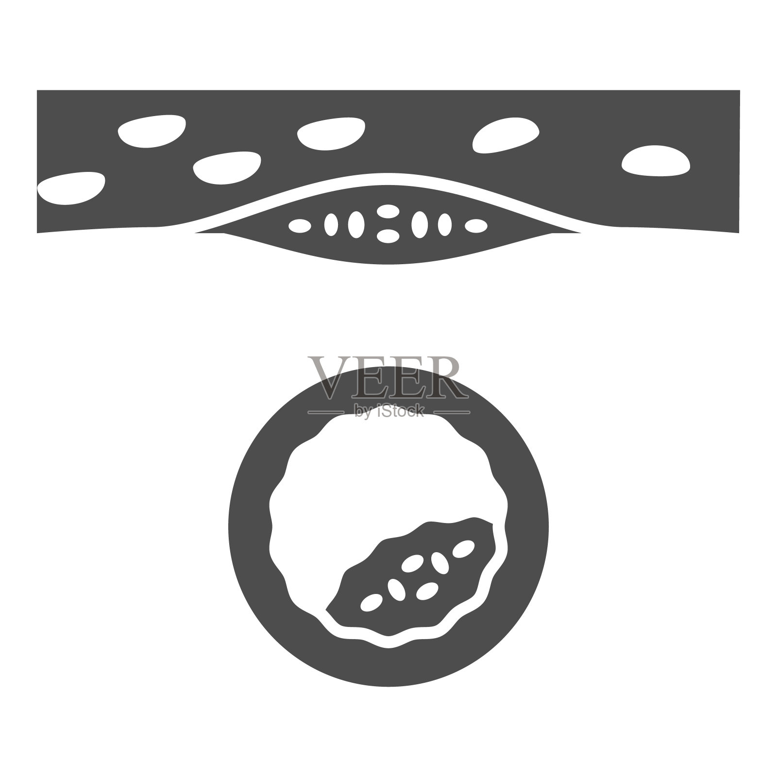 胆固醇固体图标，人类疾病概念，动脉阻塞与胆固醇标志在白色背景，血管图标字形风格的手机和网页设计。矢量图形。插画图片素材