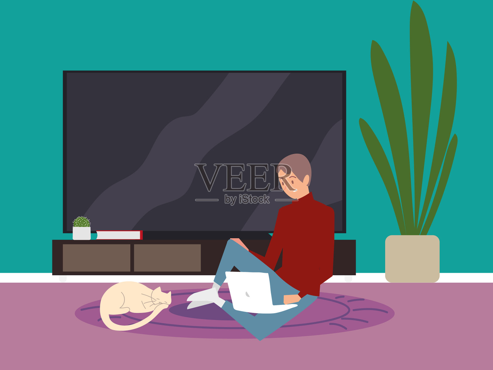 一个年轻人拿着笔记本电脑坐在地板上工作插画图片素材