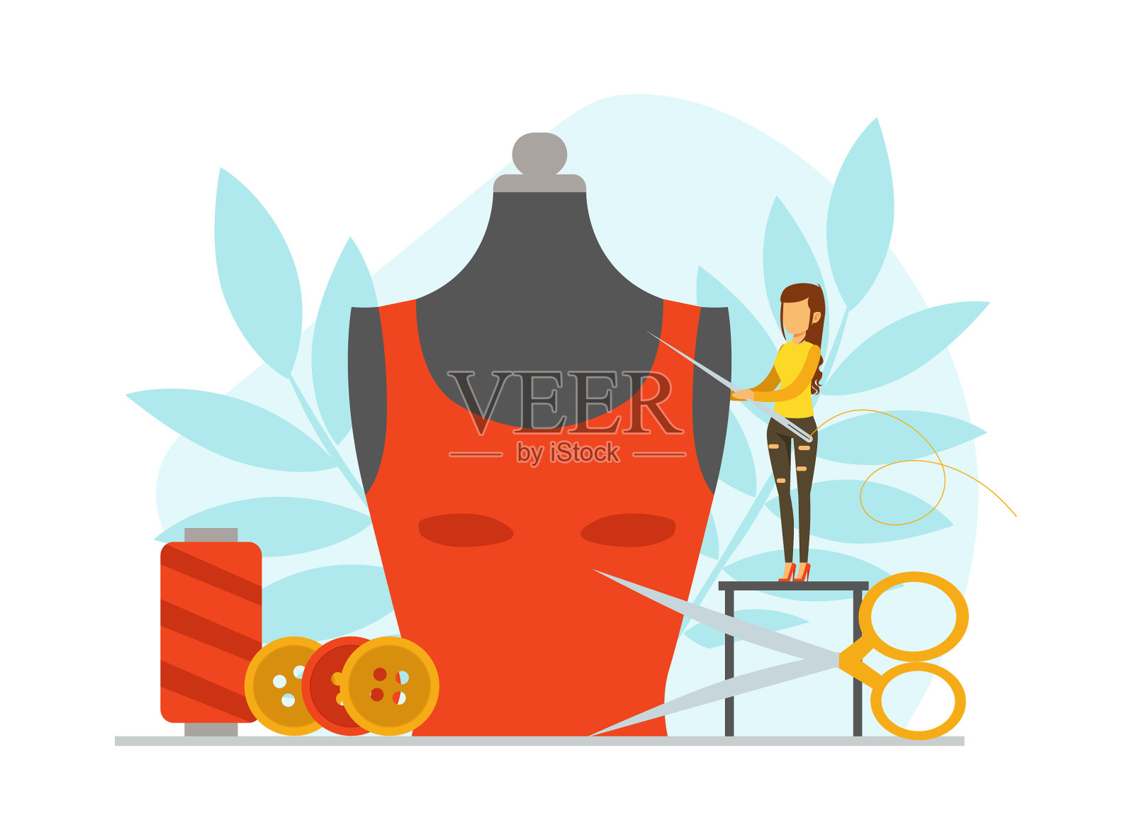 小裁缝在大衣服上缝制时尚的衣服设计元素图片