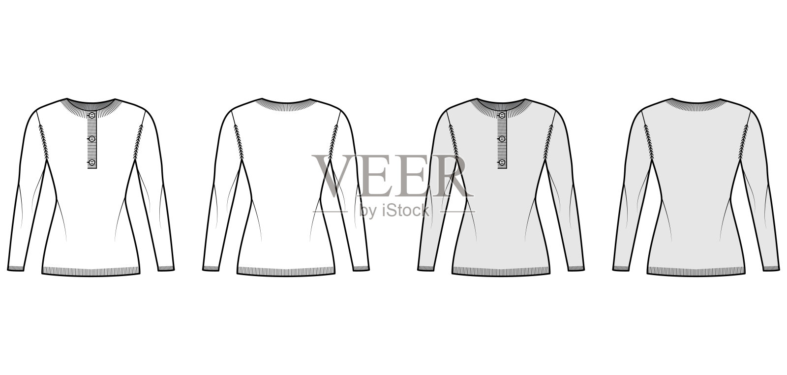 毛衣henley颈部技术时尚插图与长袖，苗条合身，臀部长度，罗纹针织修剪。平的跳投插画图片素材