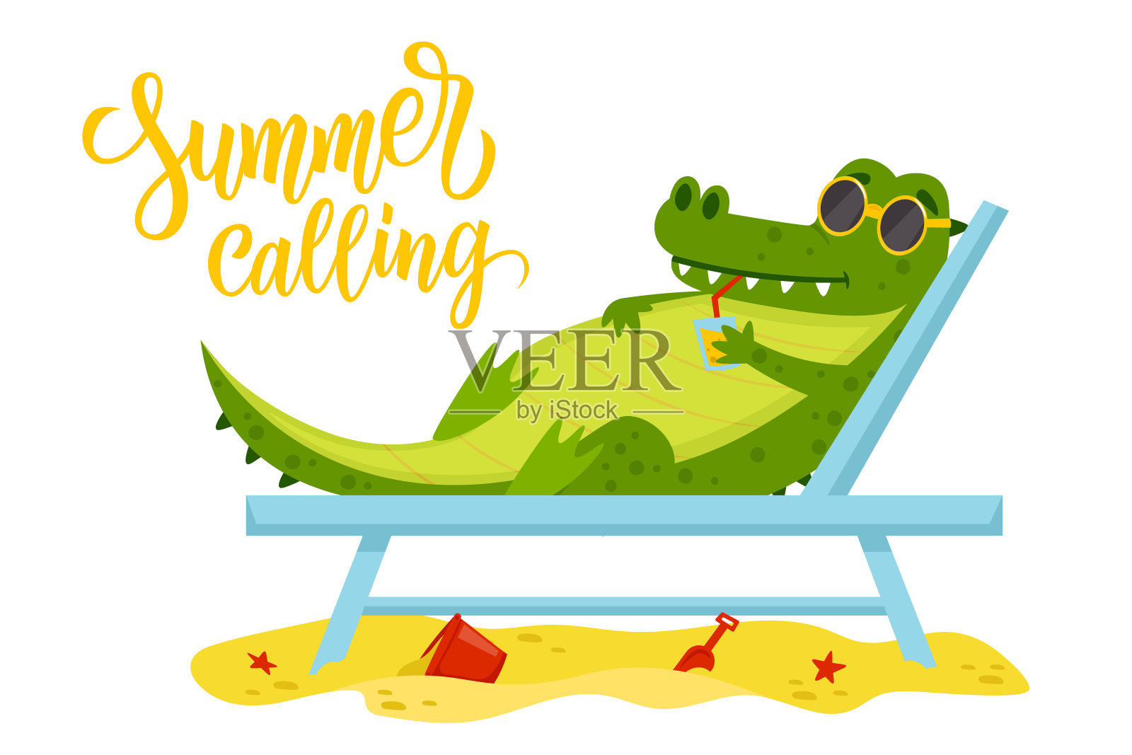 夏日呼唤手绘字母。戴着墨镜的鳄鱼，在海滩上享受着夏日的日光浴。插画图片素材