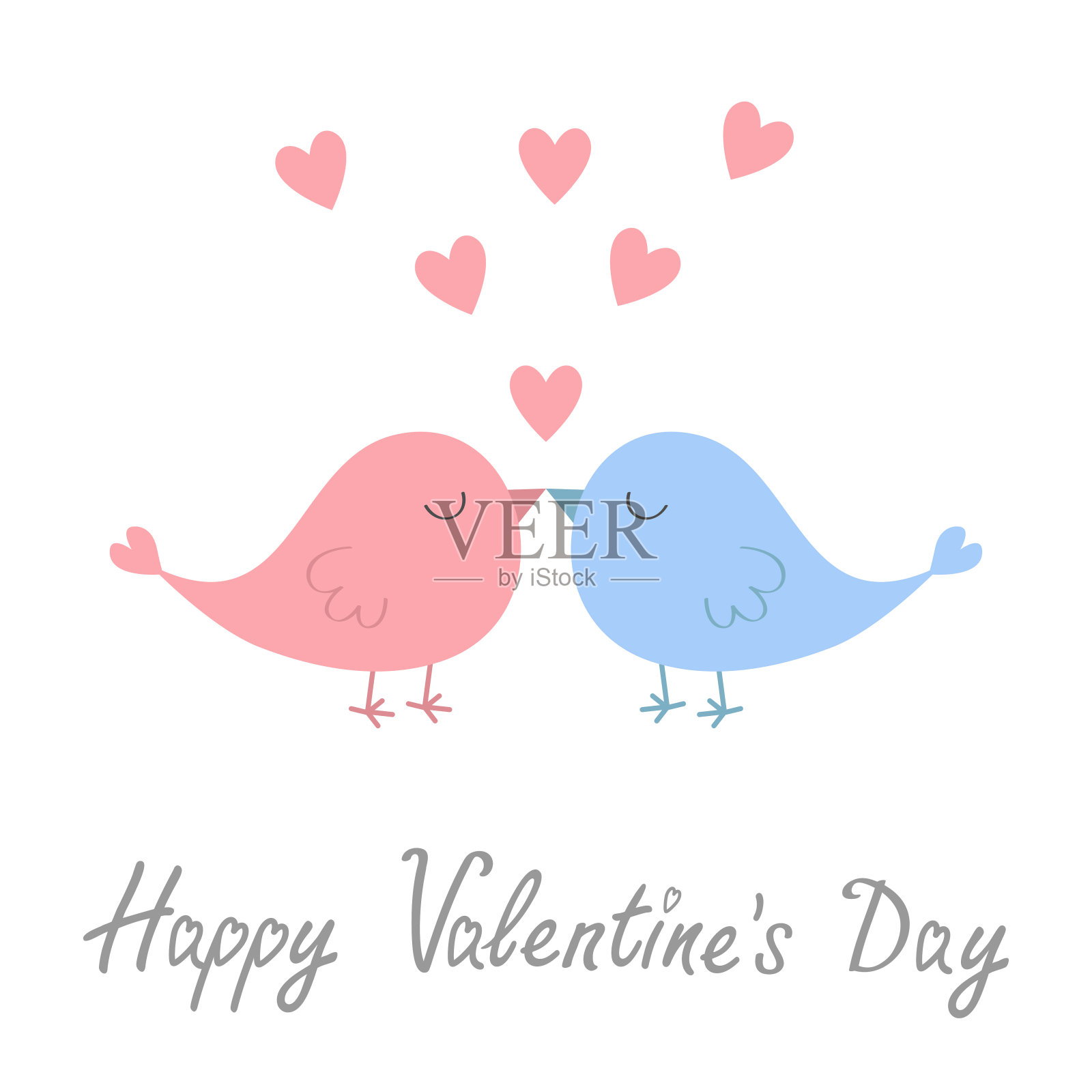 情人节快乐。两只鸟夫妇。可爱的卡通卡哇伊有趣的婴儿角色。粉色的心。爱的贺卡。标签打印。平面设计。白色背景。孤立。插画图片素材