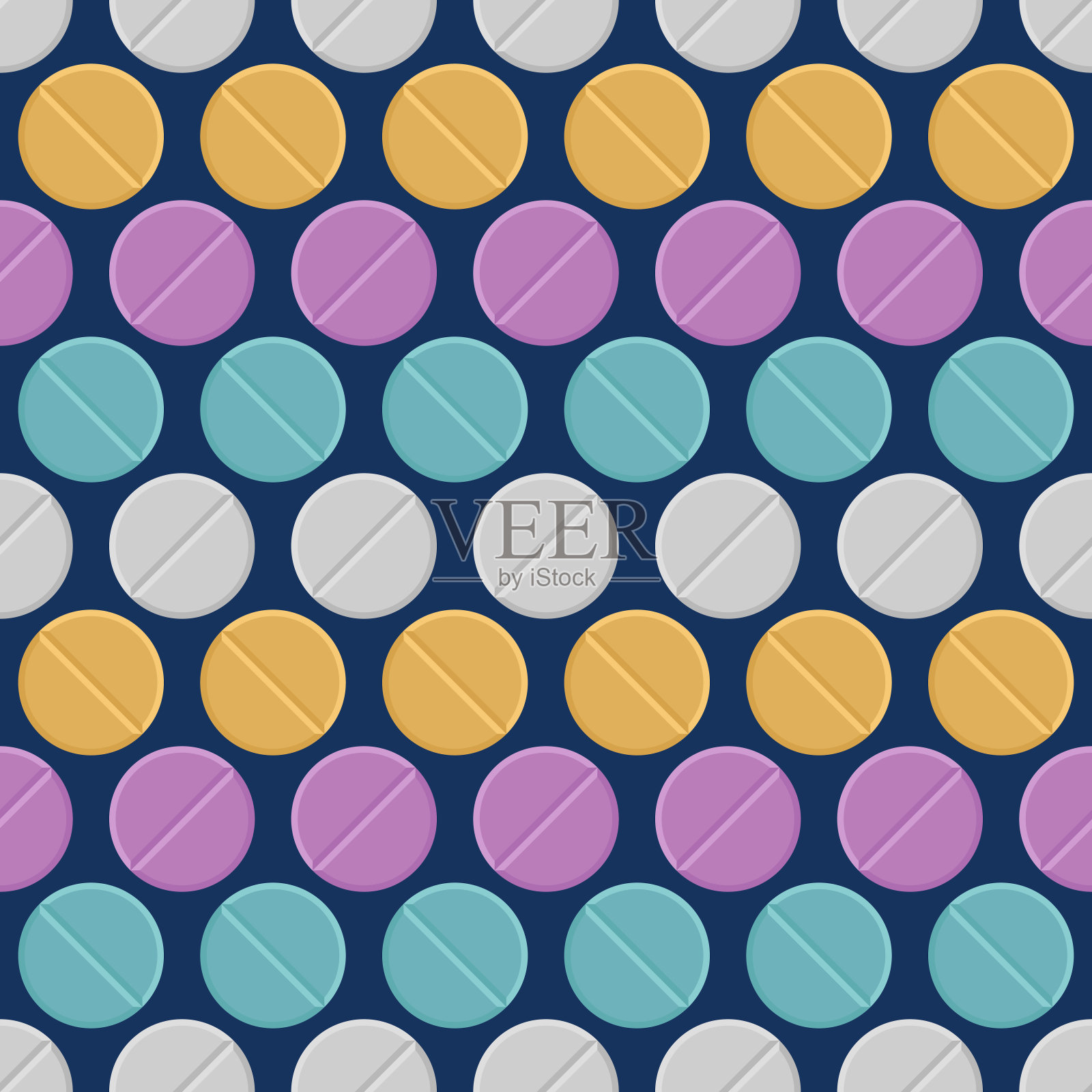 矢量无缝模式与彩色药丸，片剂，孤立在深蓝色的背景。插画图片素材