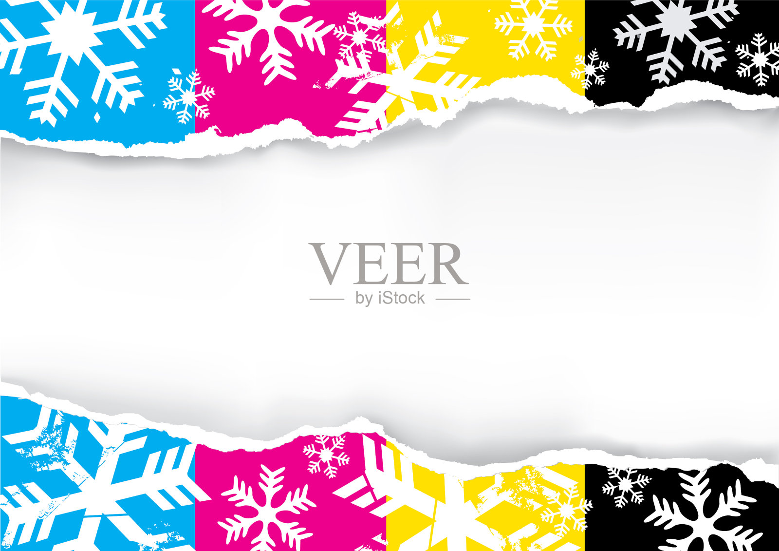 带有印刷颜色和雪花的破纸插画图片素材
