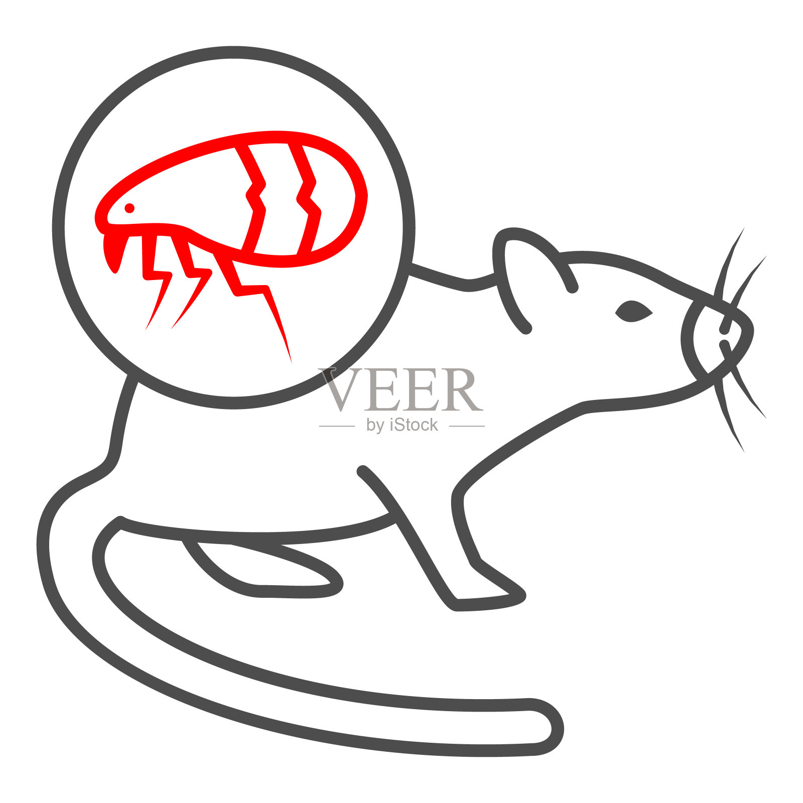 跳蚤在家养的老鼠细线图标，疾病的宠物概念，宠物与皮肤寄生虫标志在白色的背景，跳蚤在啮齿动物图标的轮廓风格为移动和网页设计。矢量图形。插画图片素材