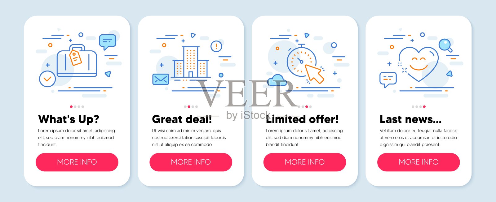 一套商业图标，如大学校园，手提行李，计时器符号。微笑聊天线图标。向量插画图片素材