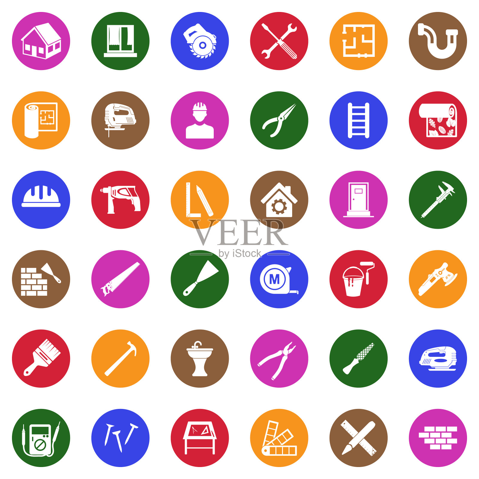 家里修理图标。圆形的白色平面设计。矢量插图。图标素材