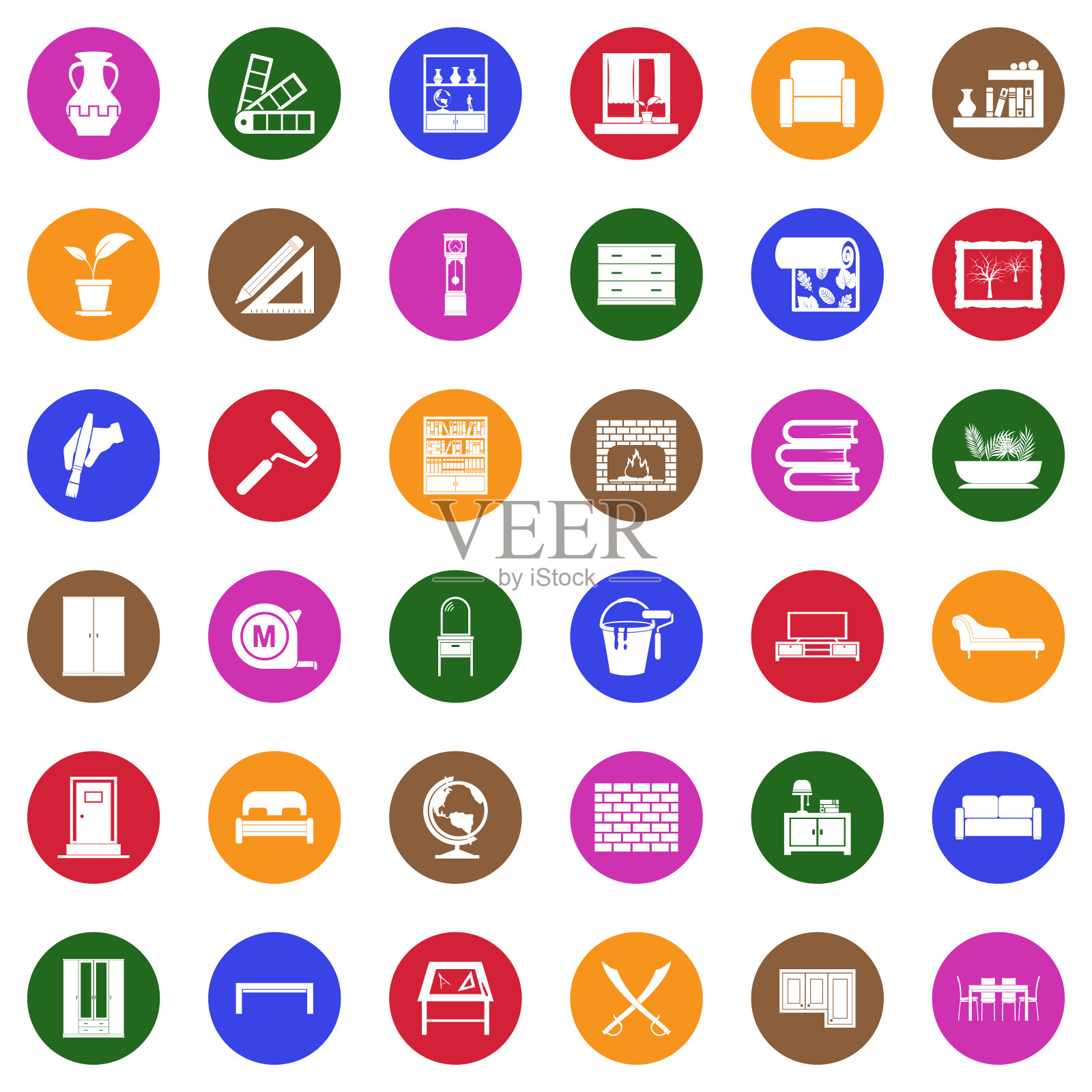 家居装饰图标。圆形的白色平面设计。矢量插图。图标素材