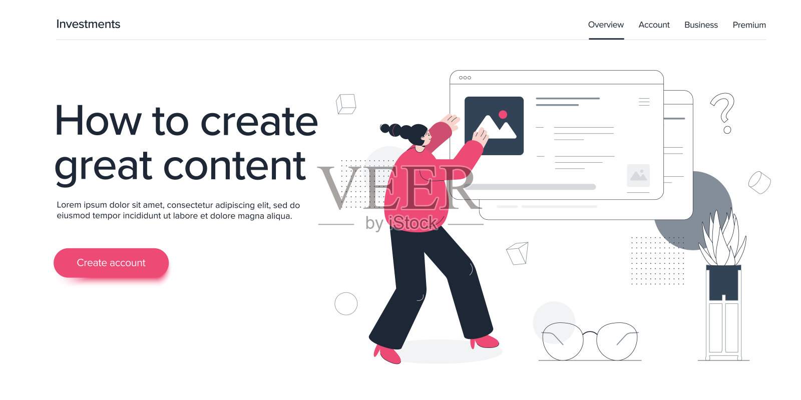 年轻女子管理在线内容。女孩博主或自由职业者创造数字广告。等距矢量插图。网页横幅布局模板。插画图片素材