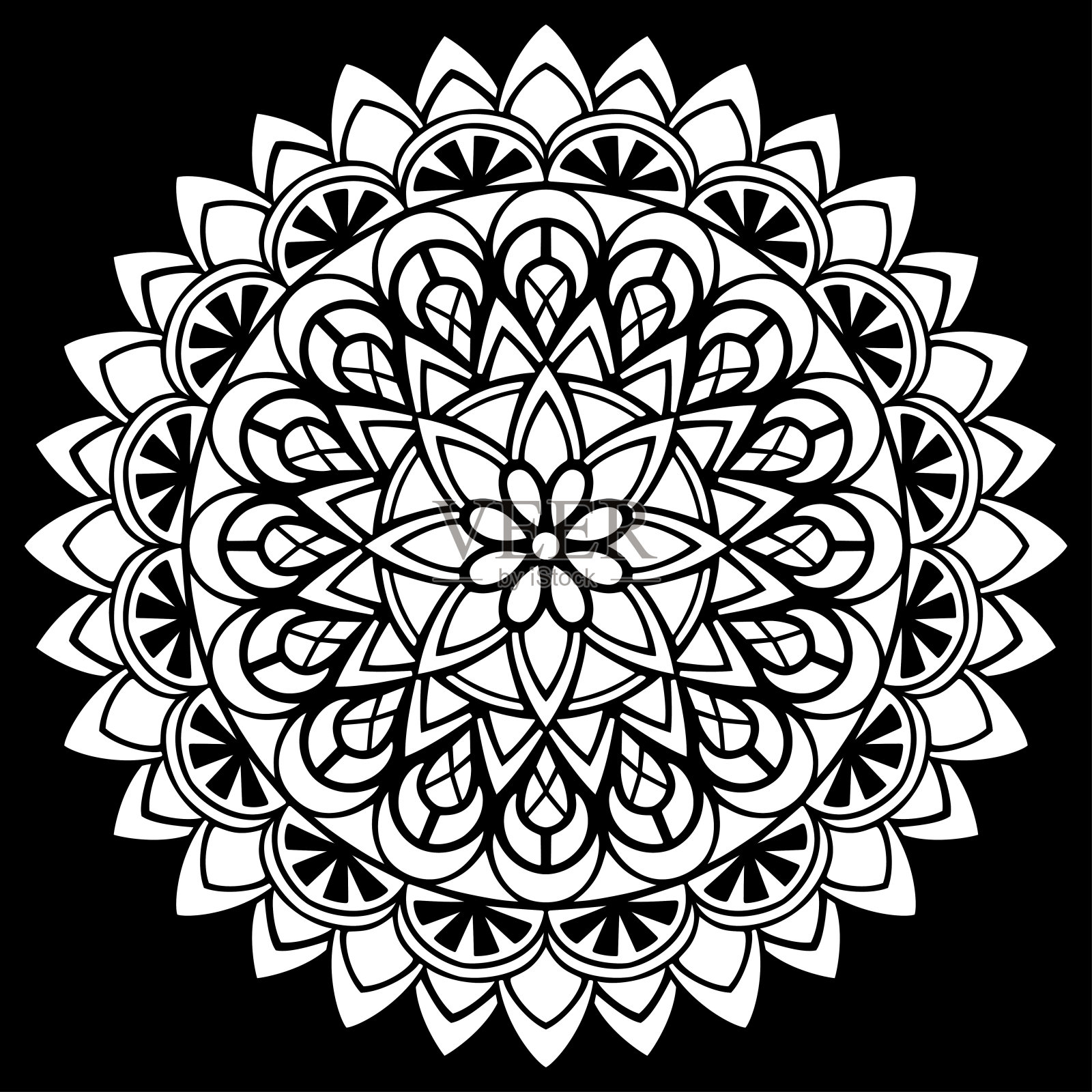 白色曼荼罗在黑色图案模板涂鸦素描好心情插画图片素材