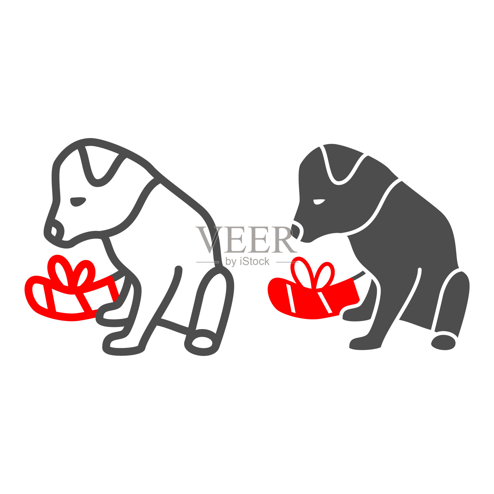 狗的创伤线和固体图标，疾病的宠物概念，残疾的狗标志在白色的背景，狗爪子与绷带图标在轮廓风格的移动概念和网页设计。矢量图形。插画图片素材